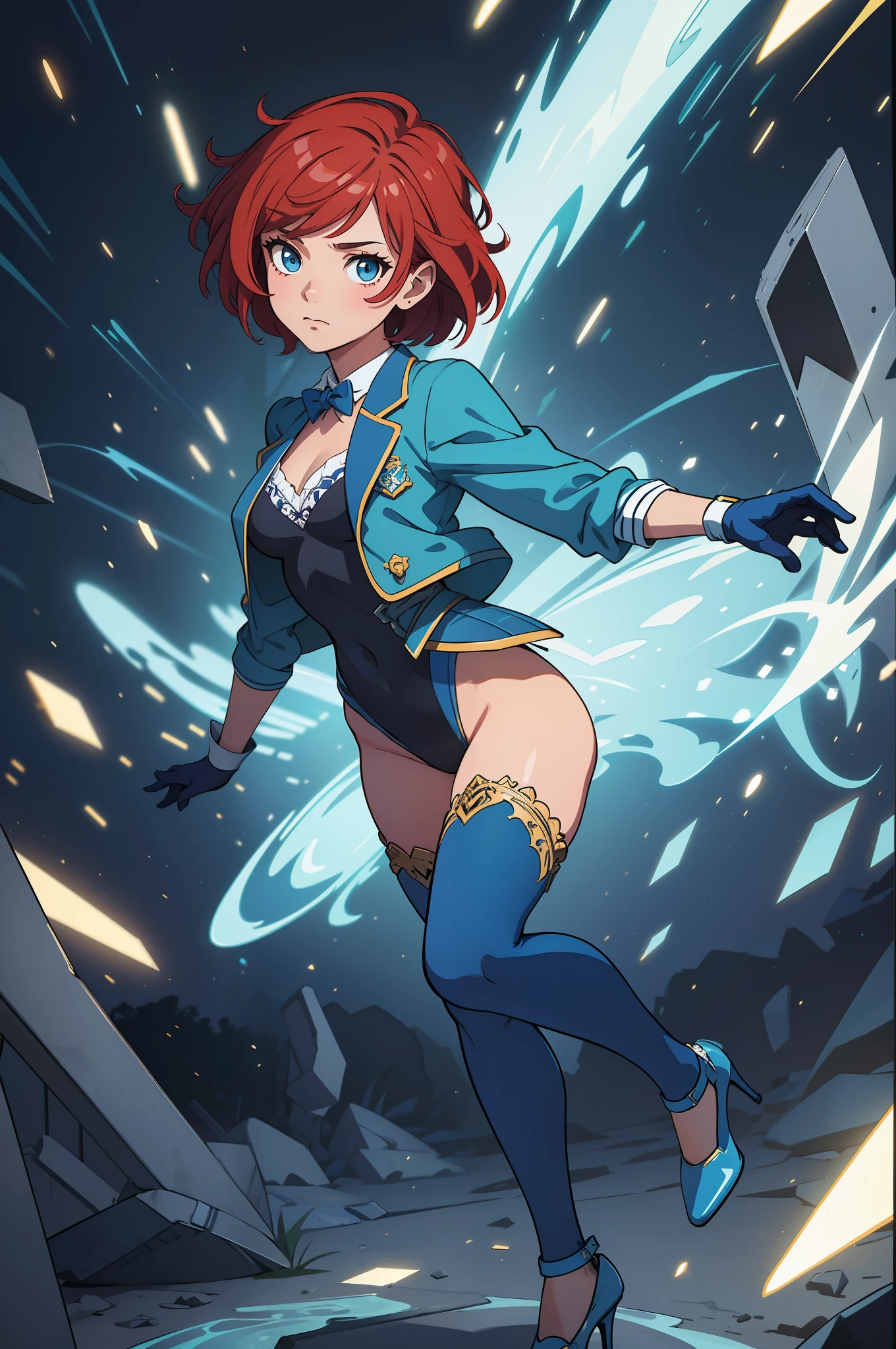 (masterpiece), best quality, highly detailed, detailed background, cinematic lighting, outdoor, 1girl, medium hair, medium breasts, blue leotard, blue jacket, short jacket, bare legs, matching white gloves, light particles, magician, tuxedo, sparkling, red hair, bob hair, short hair, aquamarine eyes, matching blue high-heel shoes, closed yellow vest, full body character design