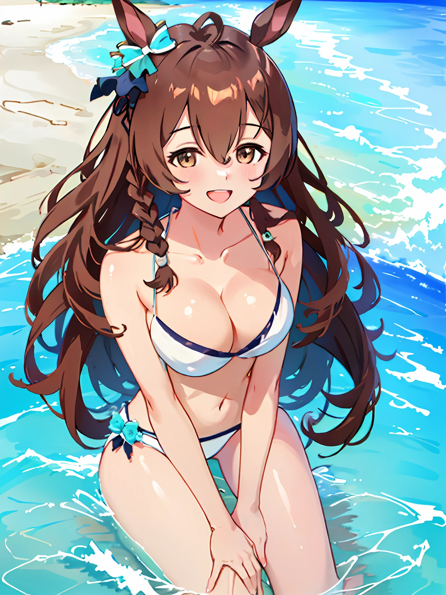 Mejiro_Bright_(Umamusume), 1girl, Solo, Umamusume, Horse Girl, Horse ears, (Horse tail:1.2), Brown eyes, Brown hair, Long hair, lightsmile, ear bow, Happy smile,girlfriend,(White Bikini:1.5),summer vacation,private beach,Perfect Anatomy,From above,Kneeling,flip flops,beach ball