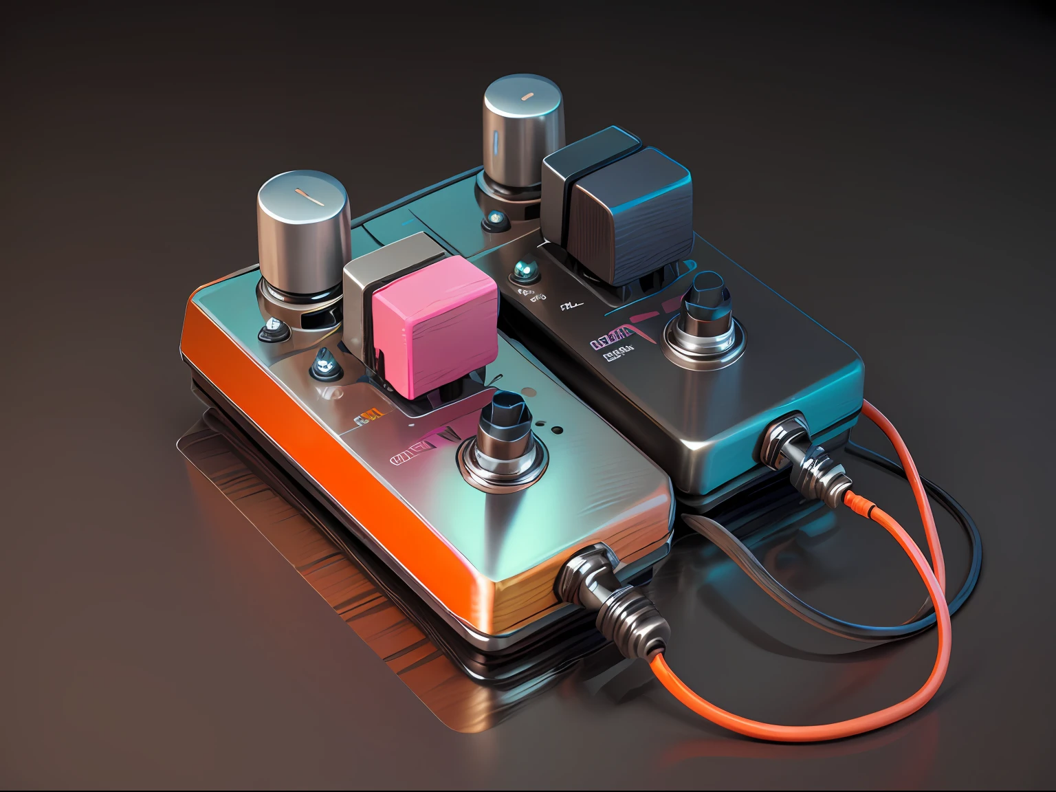 3D image of a realistic pedal of brushed and worn steel color with matte orange rubber buttons, super realista , cabos da cor rosa pink , imagem de alta qualidade