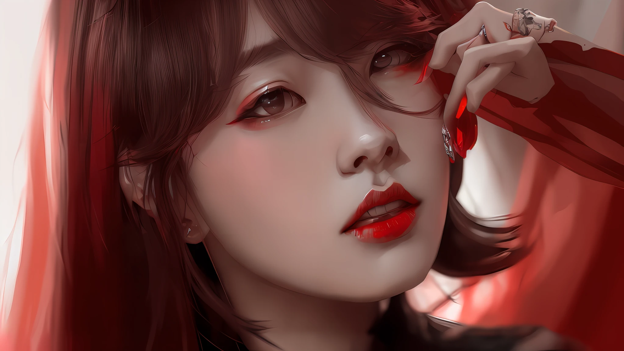 Woman posing for photo with red hair and red lipstick, inspired by Yanjun Cheng, Guviz-style artwork, [ 4 K digital art ]!!, glossy digital painting, realistic art style, low details. Digital painting, realism art style, Ilya Kuvshinov. 4 k'', Digital anime illustration