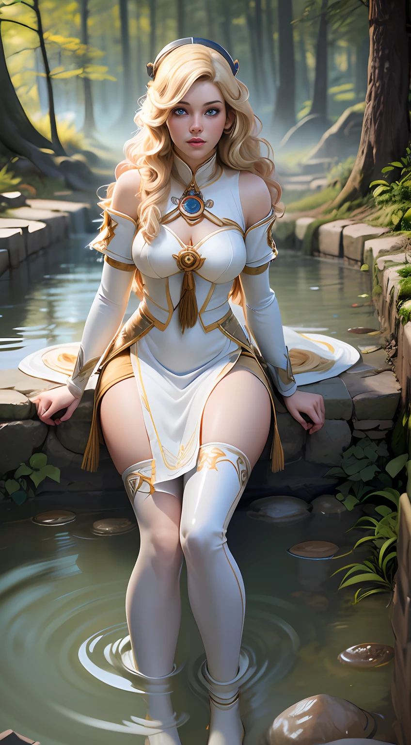 (full figure:1.1), masterpiece, realistic, realism, photorealism, high contrast, in full light, photorealistic digital art trending on Artstation 8k HD high definition detailed realistic, 1girl, (solo:1.5), young beautiful woman, petite, medium perky breasts, ((blue eyes)), (blonde long hair:1.5), tight long white dress, (white knee high socks:1.1), (no head gear:1.5), ((priestess)), parted lips, Pirate clothes, old hat, tight pants, detailed, skin texture, hyper-detailed, realistic skin texture, side view, garden, lying in a hot spring, forest, clear water, head down, flustered, drenched