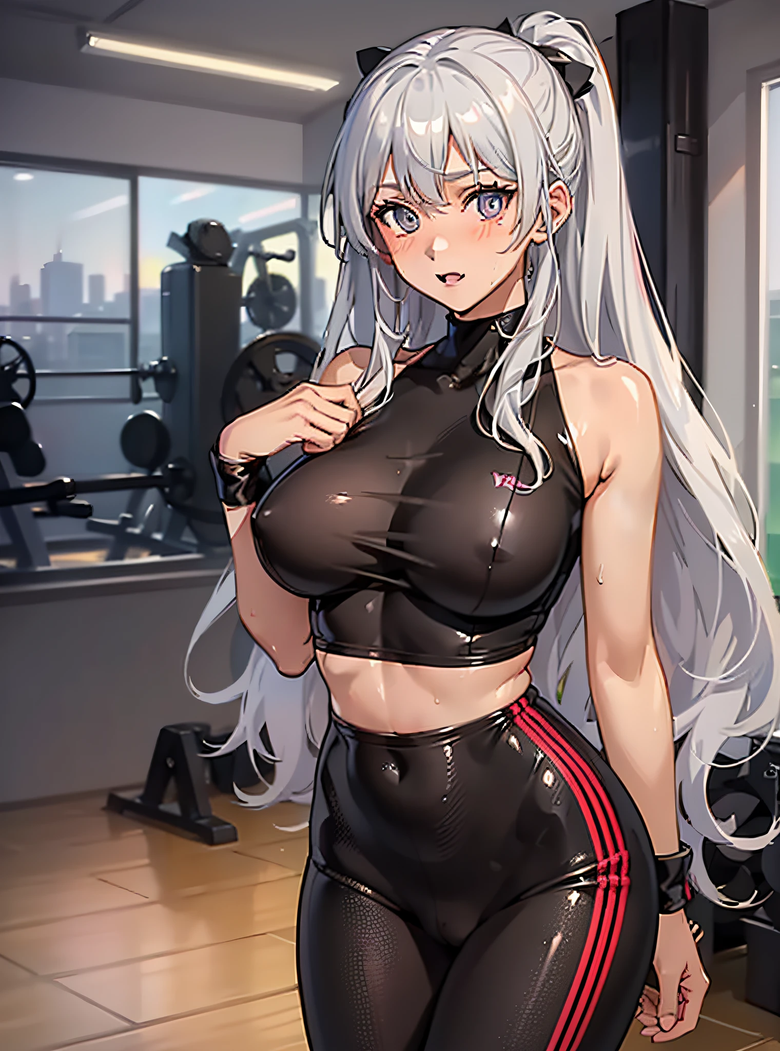 ((((masuter piece、top-quality、Long body、large full breasts、Brown skin color、Silver Hair、Red Ruby-Like Eyes Winter Clothes、Gymnasium))))、((((Sweat、Wearing gym clothes in the gymnasium、student clothes))))、(((Very marked camel toe)))、(((Pose with emphasis on the chest)))、(((((Black skin))))),((((darkskin)))),((sun burn))、Realistic skin type、an anime girl、Detailed Digital Anime Art、A seductive anime girl、extremely detailed art germ、a hyperrealistic schoolgirl、Ilyakukvshinov、Smooth Anime CG Art、Ultra Realistic Woman、ig model、ArtGerm、photo-realistic anime girl、digital anime art