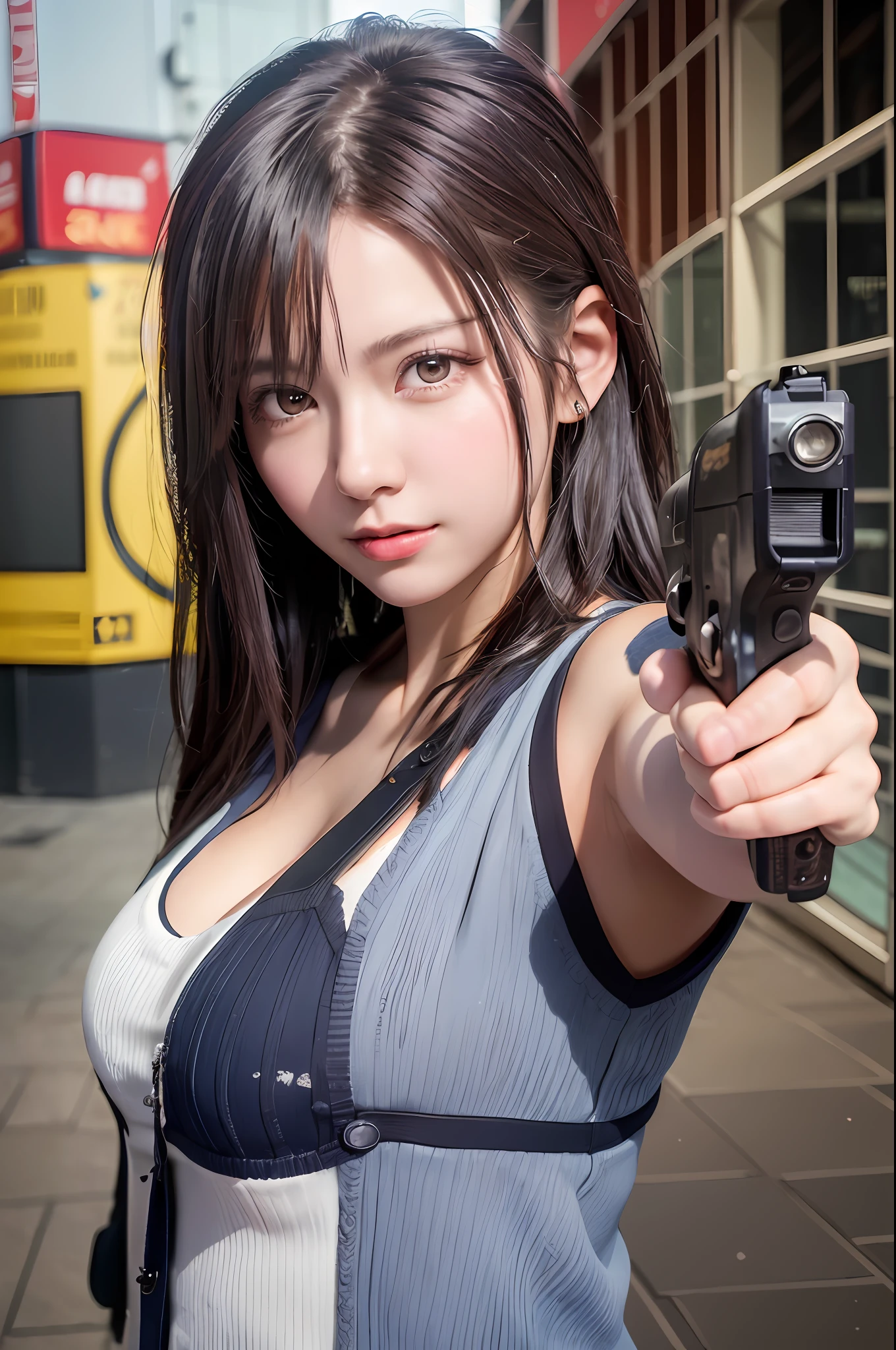 1girl, ((aiming at the viewer with a gun)), pistol, ((holding a handgun)), masterpiece, detailed shadows, detailed light, very detailed, best quality, HD, 4k, high quality,outdoor, station, cowboy shot, photography, professional lighting, ((decent looking gun)),