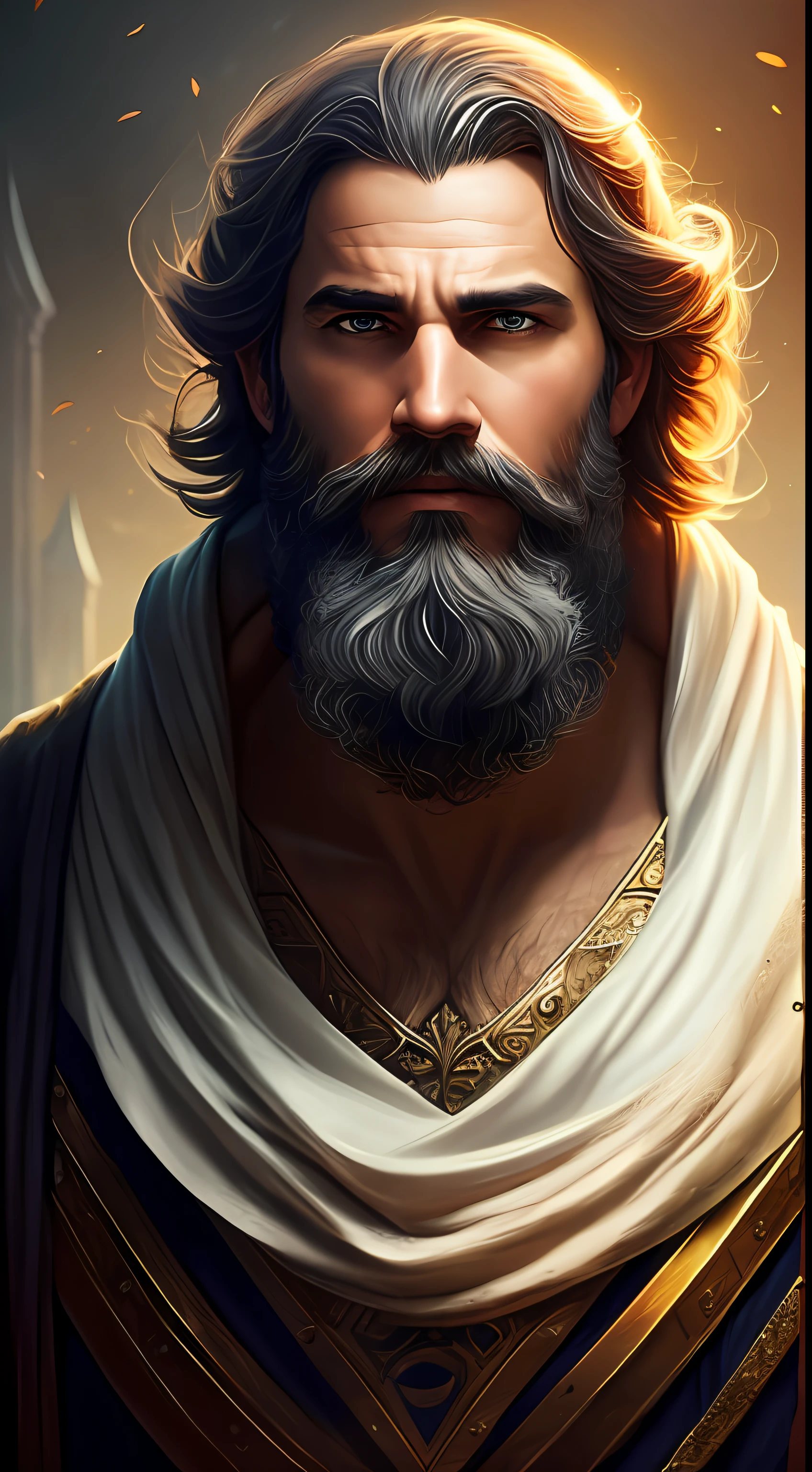 Close-up de um homem com barba e barba, personagem conhecido como Rei Davi, super detalhado, arte conceitual ultra realista, wojtek fus, arte conceitual altamente realista de Darek Zabrocki, arte conceitual ultra realista, arte digital altamente realista, art of awesome character, arte conceitual de personagem realista, fantasia hiper realista, epic fantasy character art, arte conceitual 4K e hiper-realismo. --auto