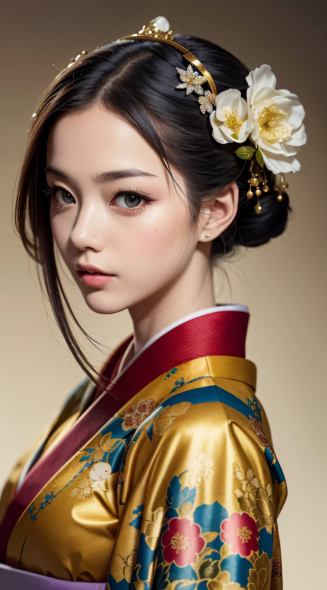((Superlative works)),((top-quality)),surrealistic,Phenomenal depiction,ighly detailed,the golden ratio,realphoto,sharpnes,Superlative artwork,real looking skin,1人の女性,geisha:1.3,(Detailed depiction of kimono:1.3,Highly detailed and detailed patterns),