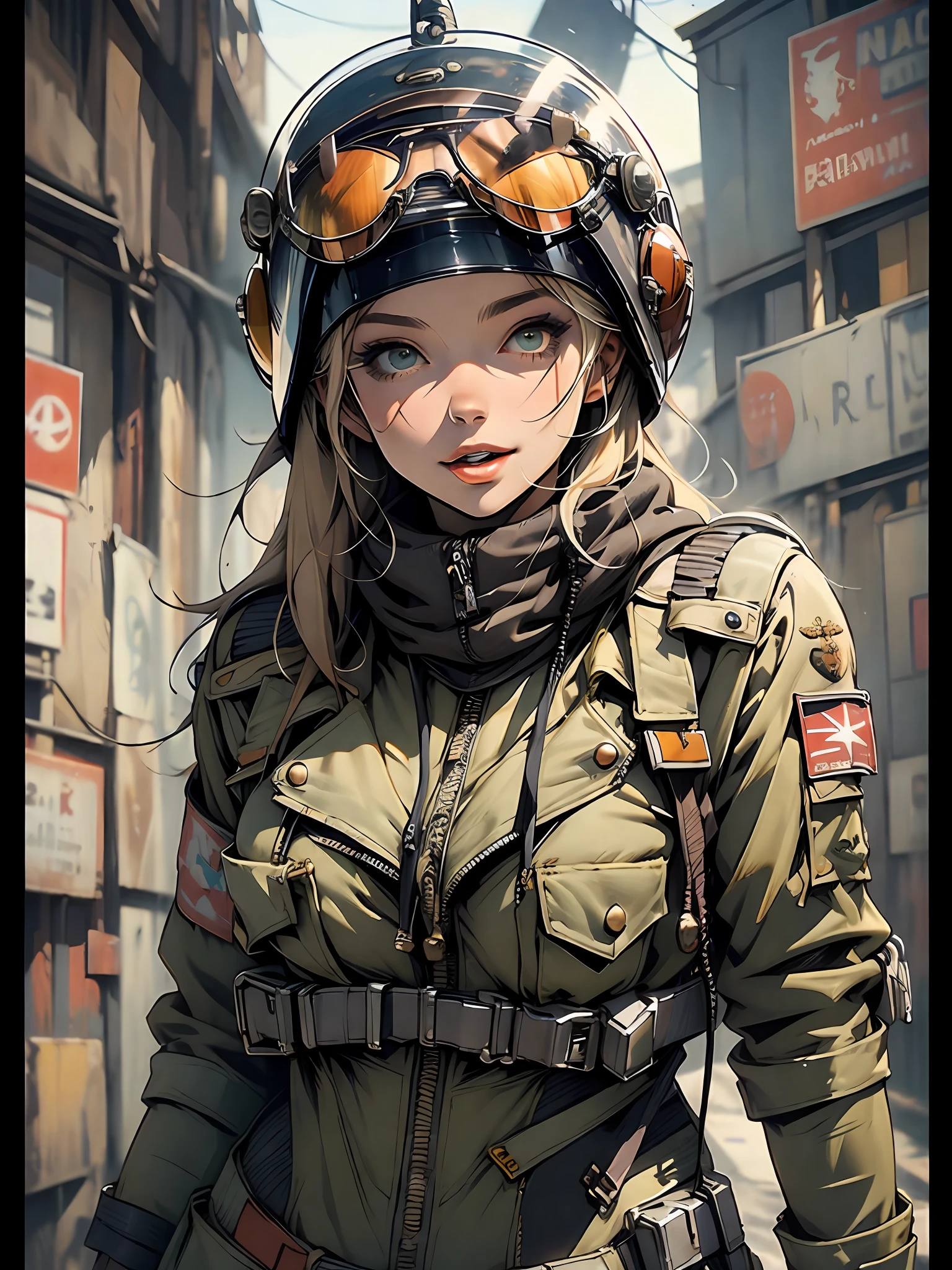 ((( corpo inteiro ))), ((( Aviator helmet on head ))), roupa cheia de buttons, master part, best quality, super detalhe, 8k, mulher linda, Tank Girl com cara de maluca, sorriso malicioso , cabelo moicano colorido, garota punk, post-apocalyptic world, (( ****** do tanque )), Nijistyle, roupas rasgadas e sujas, moicano curto, sides of shaved head, rosto limpo