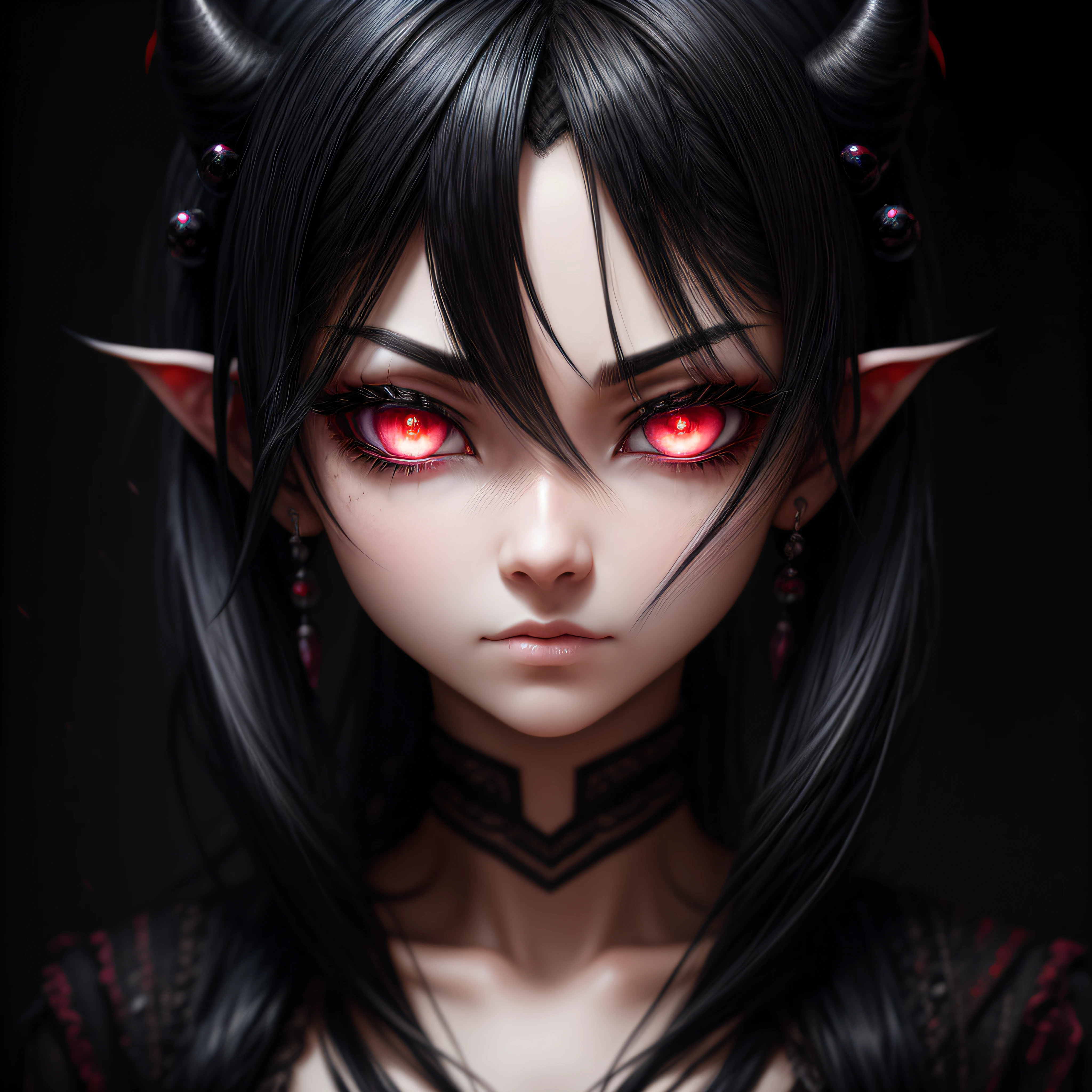 black hair, hair bobbles, longeyelashes, ear blush, asymmetrical hair, messy hair, demon horns, empty eyes, constricted pupils, crazy, sad, skin fang, evil, Surrealism, drop shadow, anaglyph, stereogram, tachi-e, pov, atmospheric perspective, chiaroscuro, move chart, f/4.0, 35mm, wide shot, 8k, super detail, ccurate, best quality, UHD, masterpiece, ccurate, textured skin, super detail, high details, high quality, award winning, best quality, highres --auto