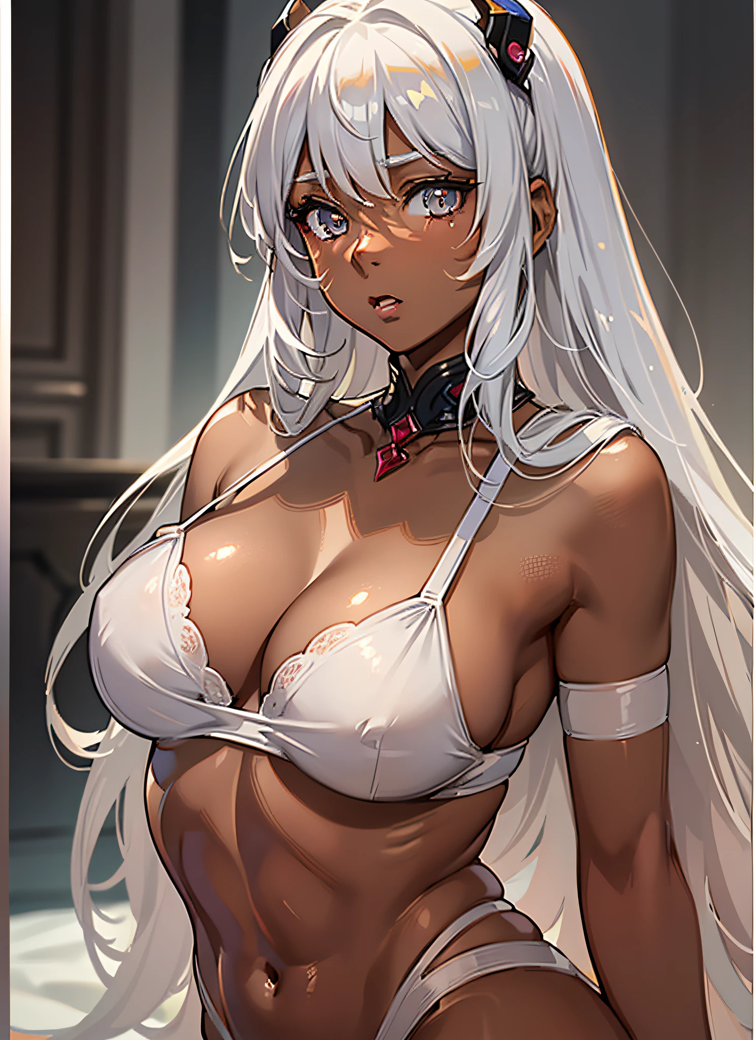 ((((An ultra-high picture quality、Fine-grained image quality、masuter piece、top-quality、Long body、large full breasts、Brown skin color、Silvery hair、Long hair、Red ruby-like eyes、Dynamic Poses、A look of shame、darkened room、Dramatic light、Beautiful abs、White Bikini、White lingerie))))、(((Very marked camel toe))),((((darkskin)))),((sun burn))、Realistic skin type、an anime girl、Detailed Digital Anime Art、A seductive anime girl、extremely detailed art germ、a hyperrealistic schoolgirl、Ilyakukvshinov、Smooth Anime CG Art、Ultra Realistic Woman、ig model、ArtGerm、photo-realistic anime girl、digital anime art