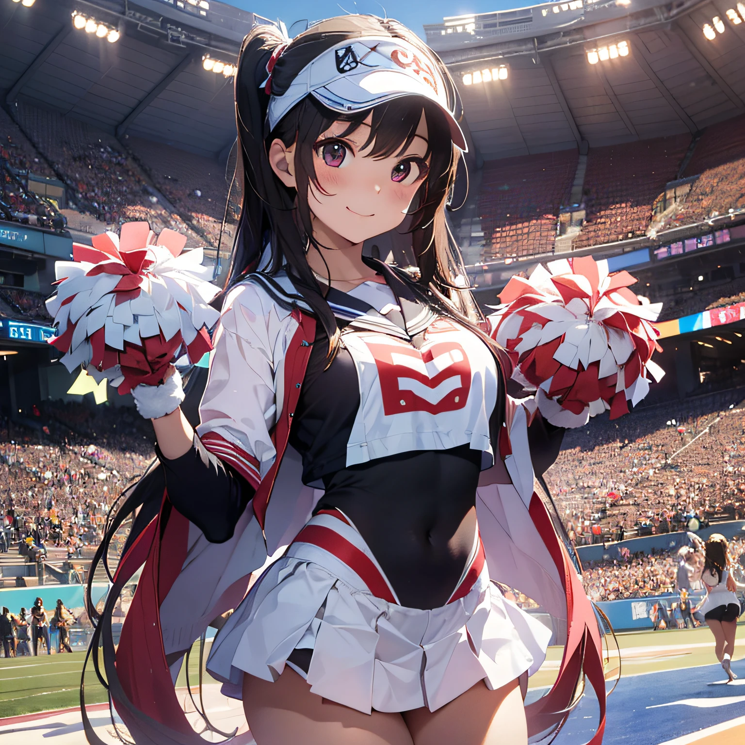 Ala Fed Asian cheerleader posing dynamically with large pom-poms in both hands in stadium、a closeup、cosplay foto、Anime Cosplay、tiny chest、Raw photography, top-quality, hight resolution, (masterpiece), (Photorealsitic:1.4), professional photograpy, foco nítido, nffsw, 8K分辨率, intricate detailes, depth of fields, the Extremely Detailed CG Unity 8K Wallpapers, front lit, girl with, beautiful supermodel, A smile、A slender、Twin tail hair、Korean style uniform、Peeking from below、(skinny thigh)、White underwear is visible、Wearing a sun visor on the head