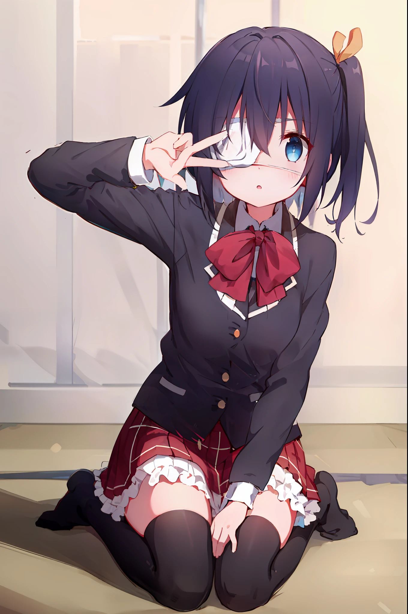 A high resolution, Masterpiece,Fugui Takanashi, Black hair, Solo, 1girll,outside,Detailing background, Detailed eyes, ((Blue eyes)), blindfolds，stand posture