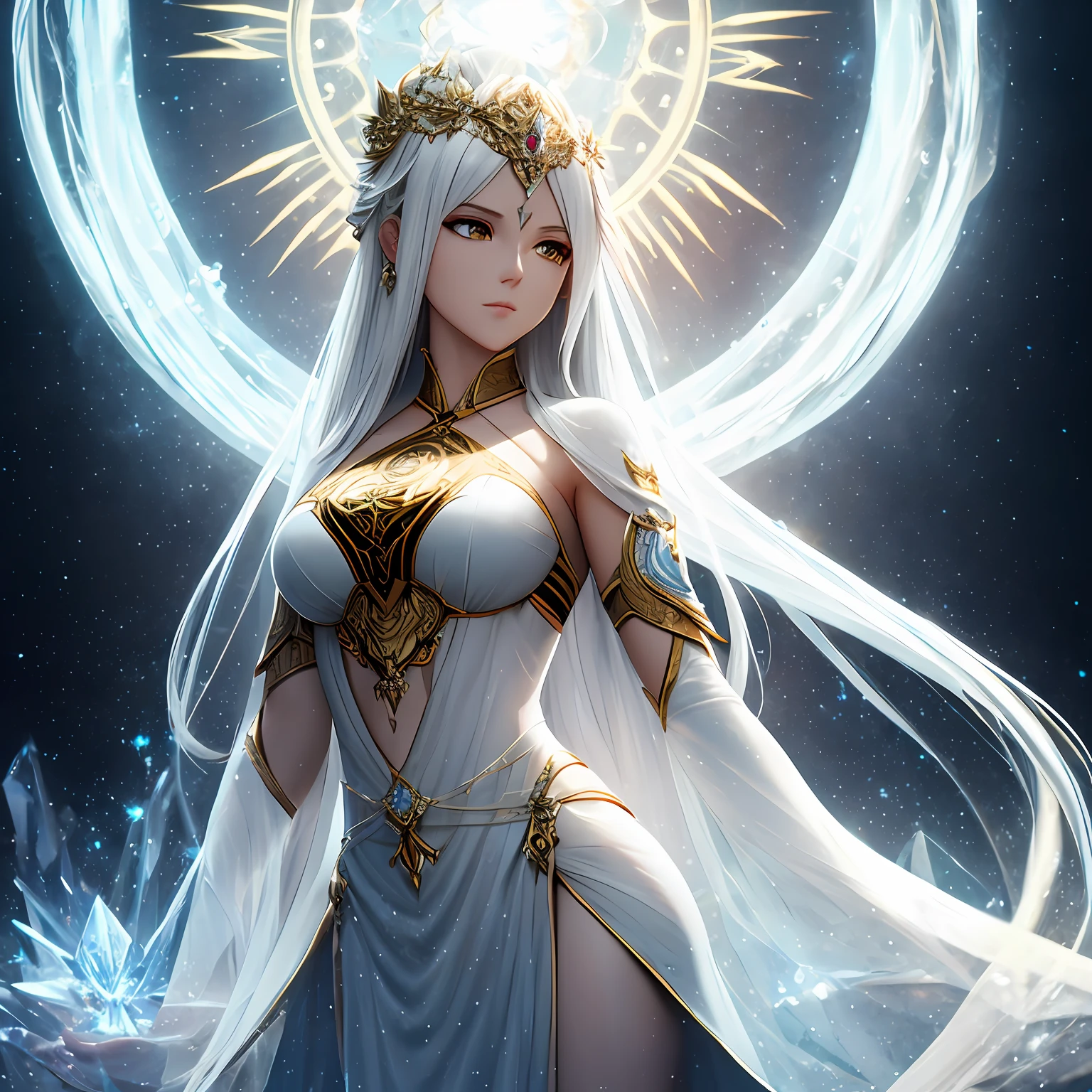 Through HD CG, the beautiful Light Klein Albedo white Lotus Goddess in the light Klein Elbedo Fire, Crystal Clear, Volume Light, Lightning Effects, 8K, Ultra HD, Blizzard style art trend, luminous fog, volume light, volume light HD --ar 9:16 --auto