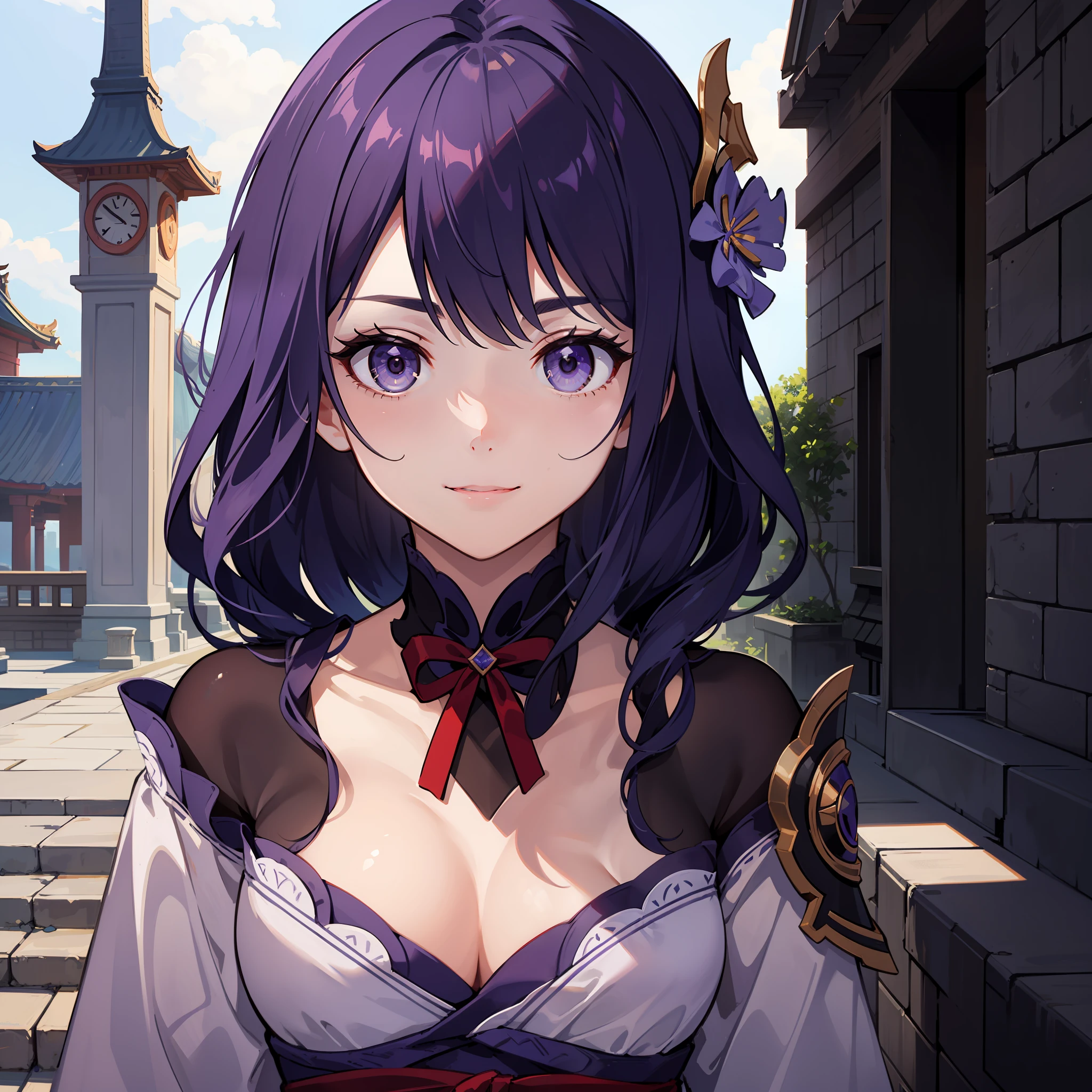 Raiden general，The upper part of the body，ssmile，Be red in the face，Outdoor activities，daysies，simple backgound，Skysky，Temple，looking at viewert，stairways，mont，Moody light，face to the viewer，super high image quality，hyper-detailing，very high res