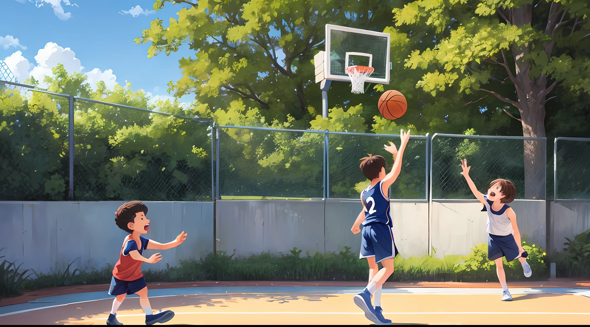 A cartoon illustration，Two children outdoors，Playing the Basketball