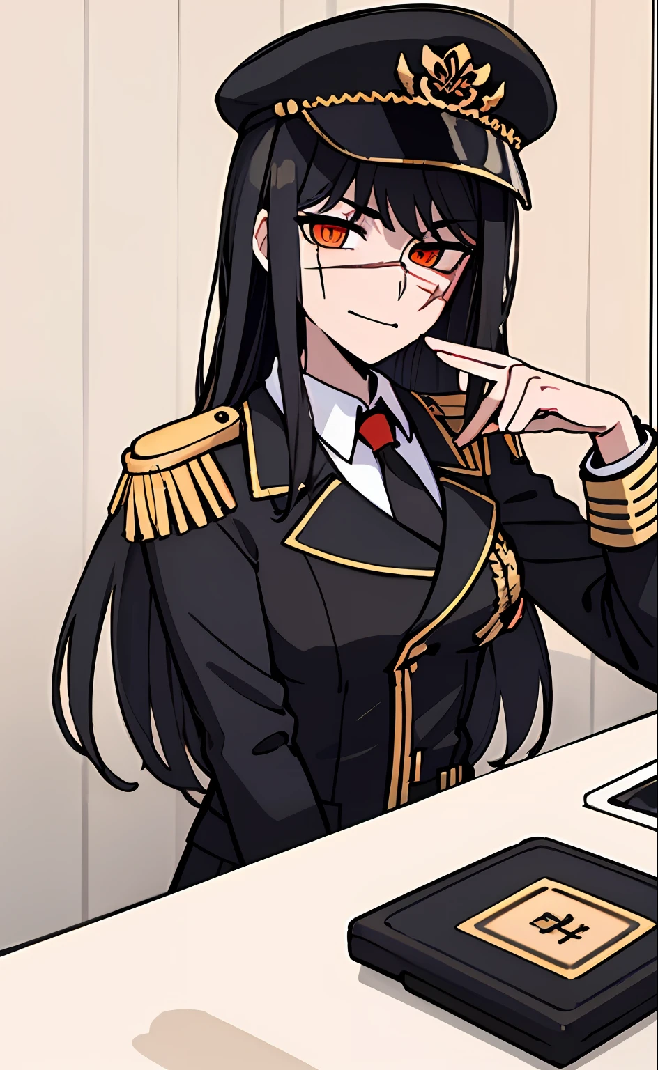 (masterpiece, best quality: 1.2), Solo, 1girl, Yoru \(Chainsaw Man\), looking at the viewer, different poses, red eye, long hair, completely black hair, reference to clothing of a German WWII general, black long sleeves (best quality), scar on face, beautiful eyes, has only 2 arms, has war medals on his clothes, Black Military Cap, Golden Eagle Medal on Clothing, (Wallpaper), (8K HD), (8K HD), Golden Shoulder Pads, Sprites, 1 Single Design (masterpiece, best quality: 1.2), Solo, 1girl, Yoru \(Chainsaw Man\), looking at the viewer, smile, happy, different poses, red eye, long hair, completely black hair, reference to clothing of a German WWII general, black long sleeves (best quality), scar on face, beautiful eyes, has only 2 arms, has war medals on his clothes, black military cap, golden eagle medal on clothing, (wallpaper), (8K HD), (8K HD), (8K HD), golden shoulder pads, sprites, 1 single design