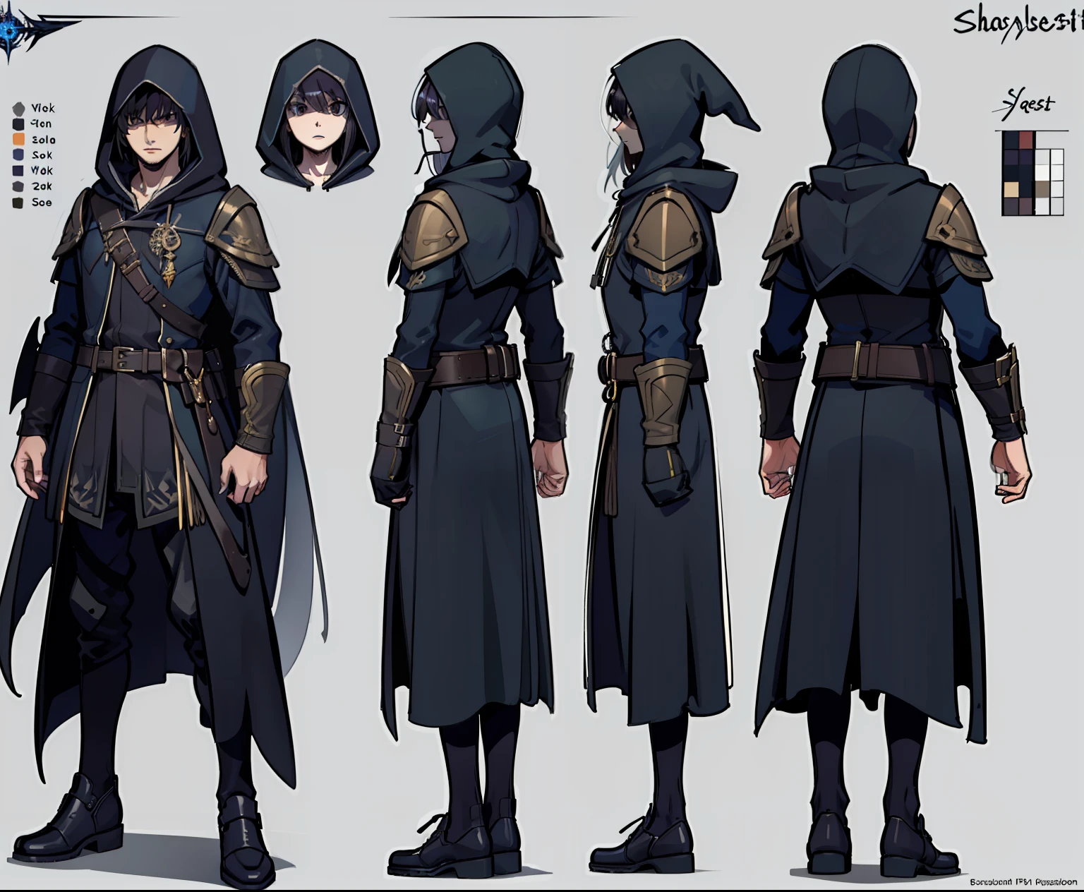 1character, reference sheet, matching outfit, (fantasy character sheet, front, left, right, back) dark sorcerer, hooded figure, obscured figure, shadowy, powerful, wizard, magic. (best quality:1.3). (masterpiece:1.2), (best quality:1.3).