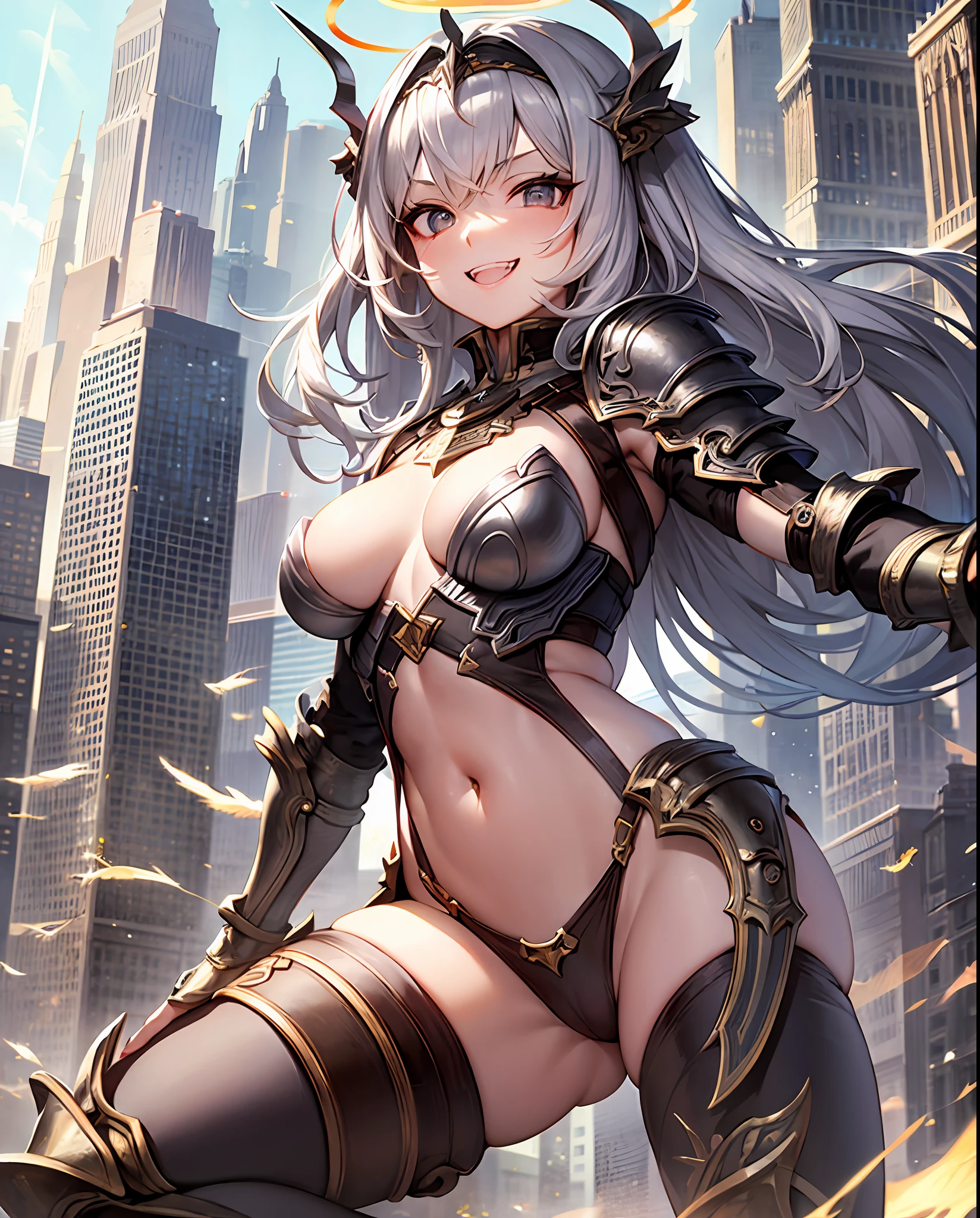 fantasy, 1angel_girl, loli,bwn_hair, medium_bob_hair, long_bangs, halo,bare_shoulder,thighhighs,silver_armor, waist_armor, large_breasts,grinning,teeth, 1pair_wings, dynamic_pose_fighting,floating, bare_crotch, headgear,gauntlet, greaves,city_sky_background,slightly_spread_legs, solo, groin_naked