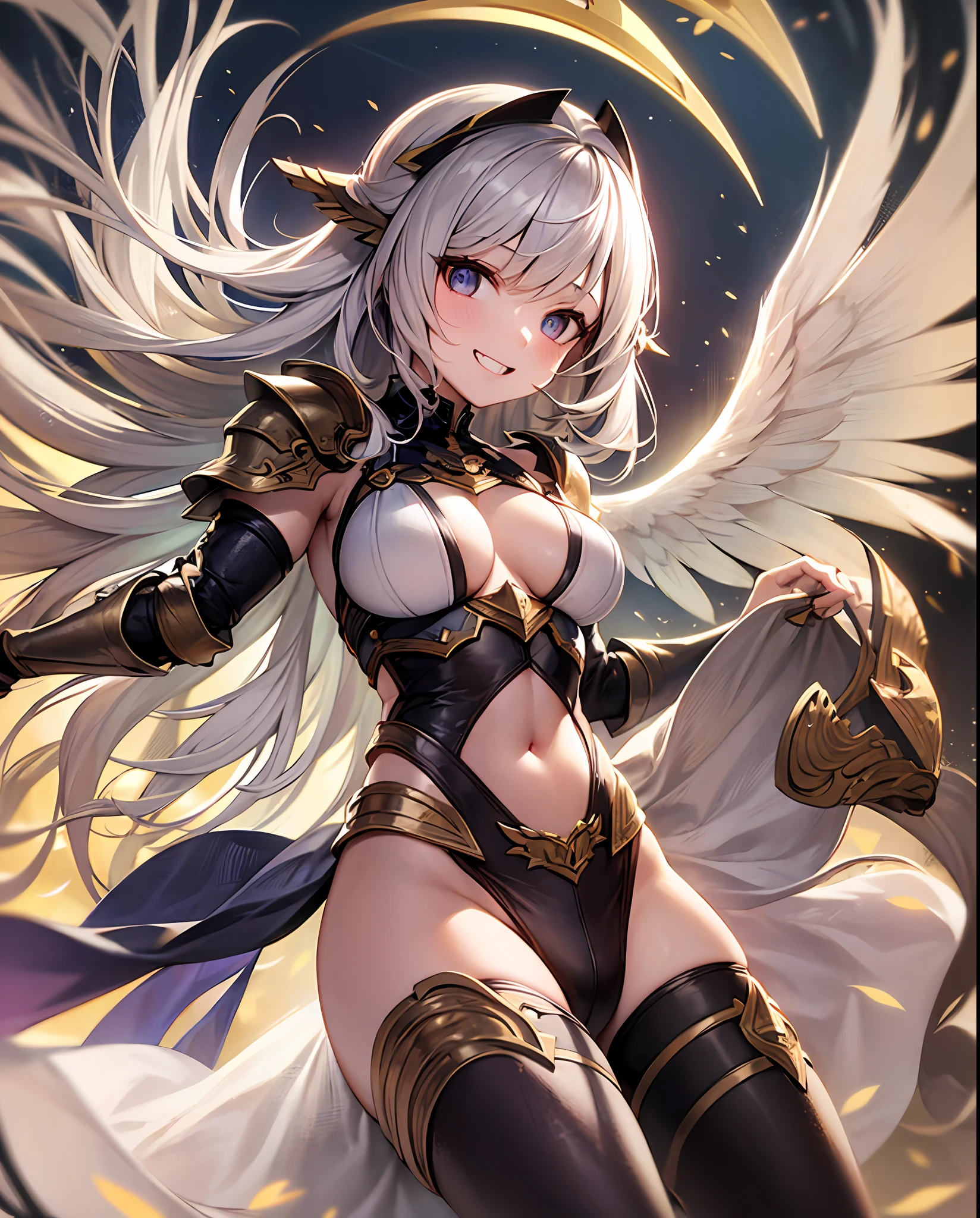 fantasy, 1angel_girl,child, ,brown_hair, medium_bob_hair, long_bangs, halo,bare_shoulder,thighhighs,silver_armor, waist_armor, large_breasts,grinning,teeth, 1pair_wings, dynamic_pose_fighting,floating, bare_crotch, headgear,gauntlet, greaves,city_sky_background,slightly_spread_legs, solo, groin_naked