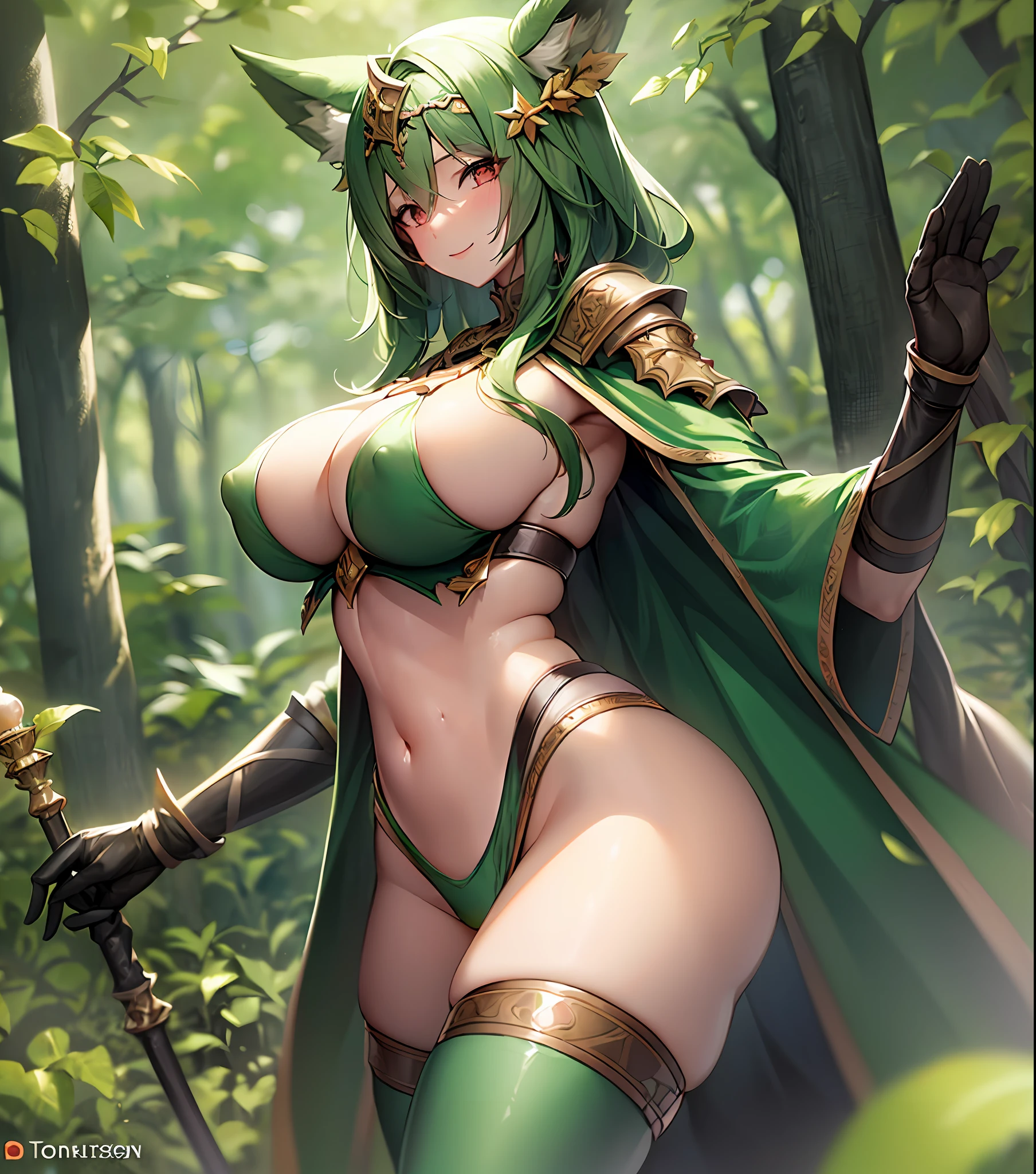 fantasy, 1forest_elemental_girl,, tiny,(dark_skin)0.9, (using_leaves_clothes, green_leaves_covered_breasts, leaves_covered_pussy,covered_nipples)+++,(gigantic_heavy_tits:1.1), walking, (smile, sleepy)+, medium_hair, navel oil, (winding_vine_around_torso)++, forest_background, leaves_headgear, green_leaves_cape, spread_arms, large_staff, leaves_thighhighs, big_ass,solo,(pelvic_curtain:0.9), tabard,