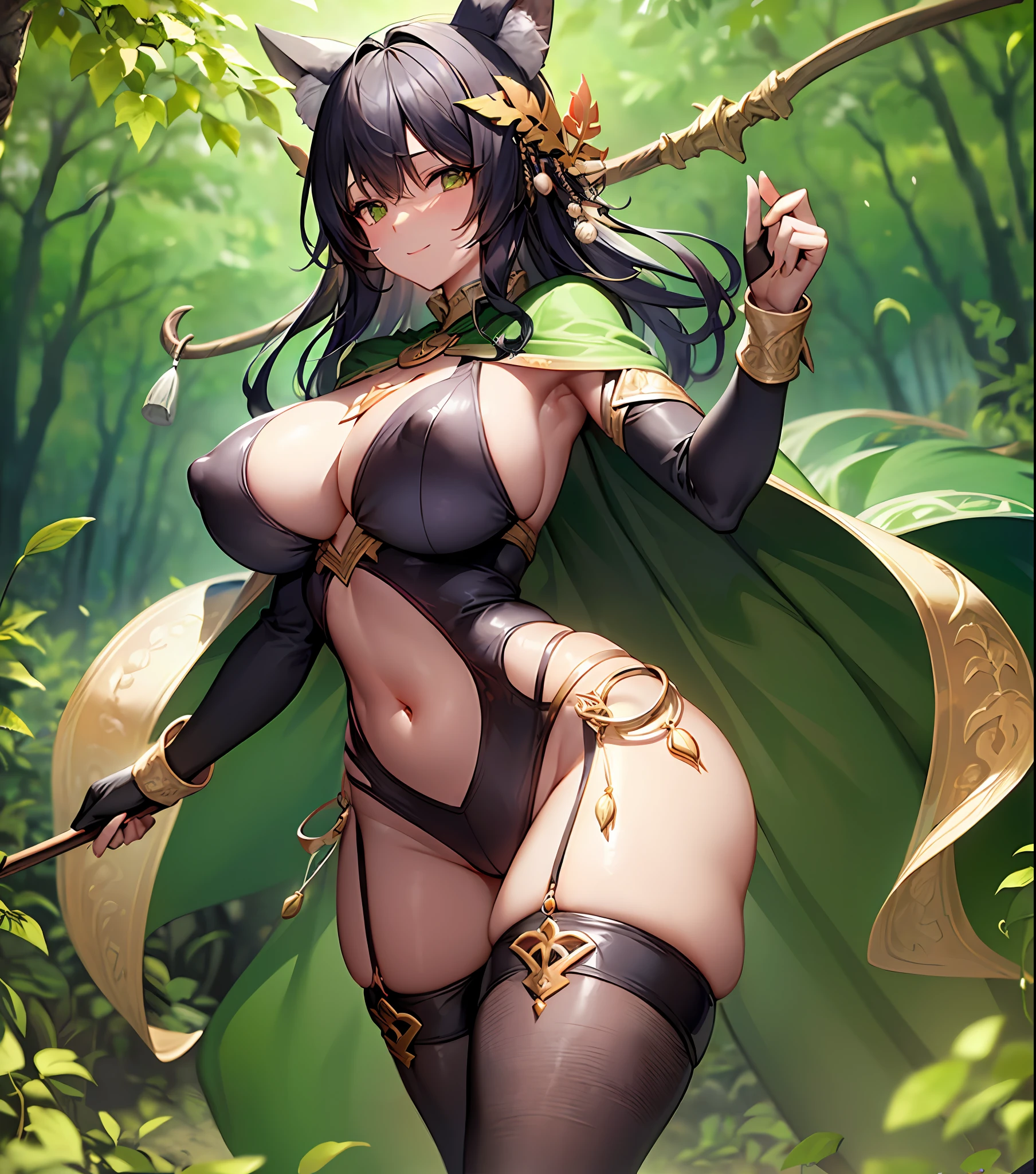 fantasy, 1forest_elemental_girl,, tiny,(dark_skin)0.9, (using_leaves_clothes, green_leaves_covered_breaaves_covered_pussy,coverpples)+++,(gigeavy_tits:1.1), walking, (sm sleepy)+, medium_hair, navel oil, (winding_vine_around_torso)++, forest_background, leaves_headgear, green_leaves_cape, spread_arms, large_staff, leaves_thighhighs, big_ass,solo,(pelvic_curtain:0. tabard,