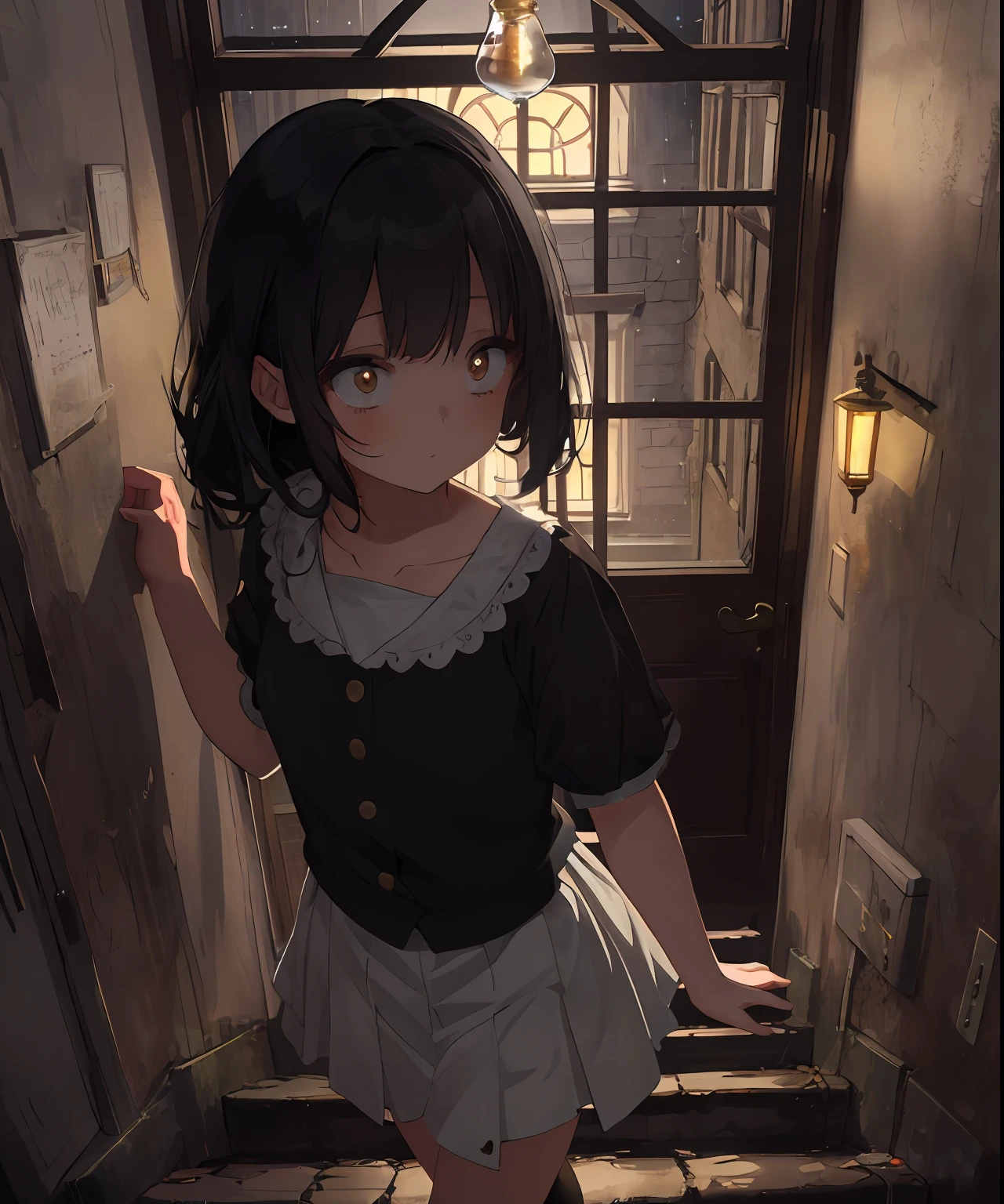 masterpiece, best quality, ultra-detailed, illustration, an extremely delicate and beautiful, cute, girl, energetic, active, anime, 1girl, cute, soft lighting, black hair, stairs, labyrinth, Mysterious world, Alice, door, incandescent bulb, night, rain outside the window