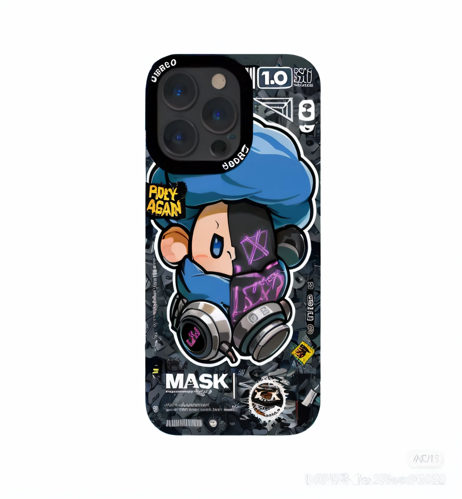 a close up of a cell phone case with a cartoon character, sony nicon iphone 1 3 pro max, iPhone 1 3 Pro Max, ( ( Mask ) ), Case, cell cover style, 360º, Official product image, some of them use gask mask, 3 6 0 p, iPhone 13, iphone 1 3, hand painted cartoon art style,Comic cover style,Cell lid style,trigger anime artstyle, 2 0 2 2 anime style,