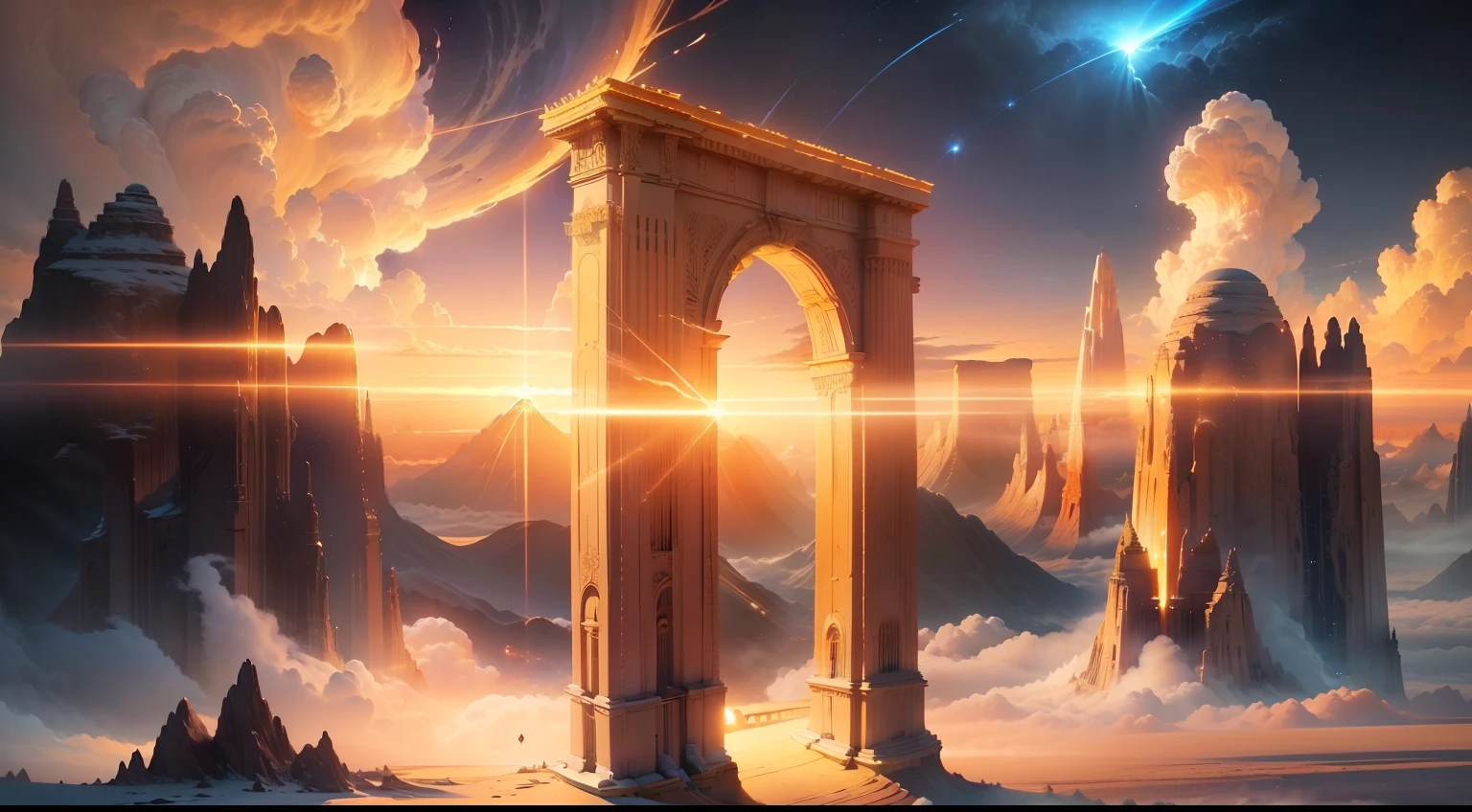 (extremely detailed CG unity 8k wallpaper, masterpiece, best quality, ultra-detailed),(best illumination, best shadow, heavenly golden sky gate, beautiful scene, voluminous clouds:1.2, particles, ethereal atmosphere) --auto