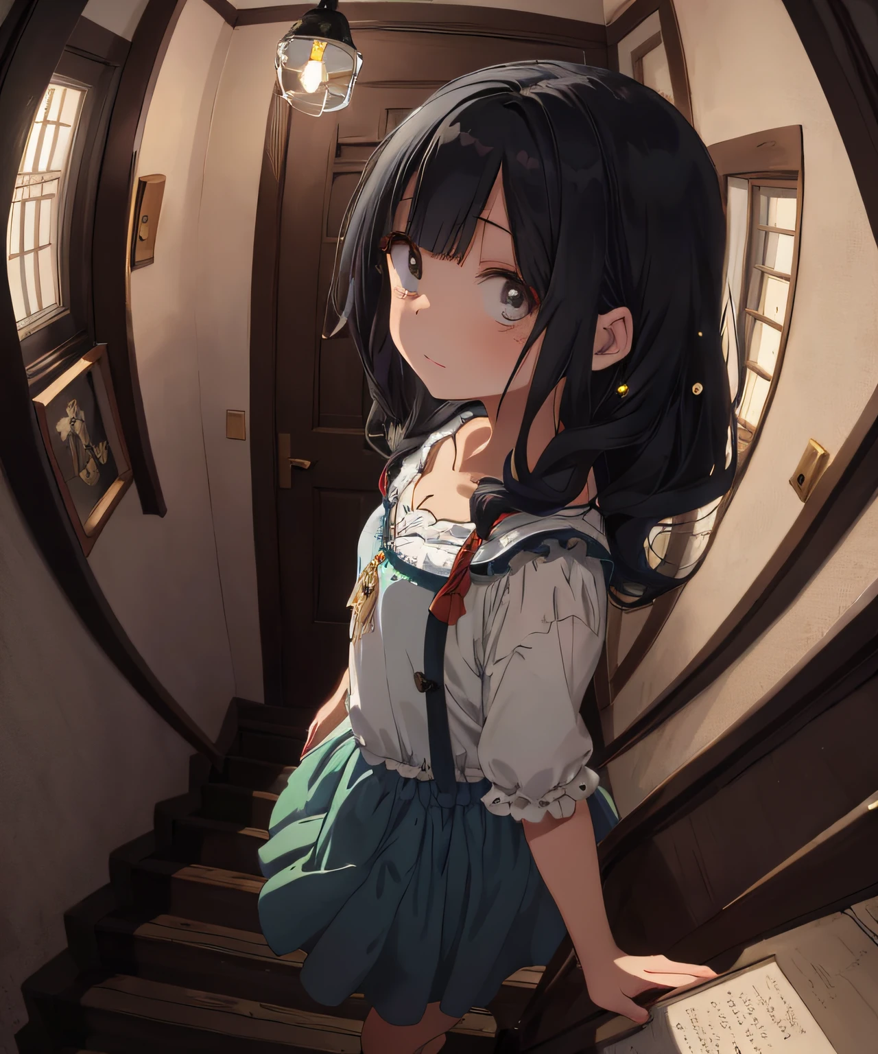 masterpiece, best quality, ultra-detailed, illustration, an extremely delicate and beautiful, cute, girl, energetic, active, anime, 1girl, cute, soft lighting, black hair, fisheye lens,stairs, labyrinth, Mysterious world, Alice, door, incandescent bulb