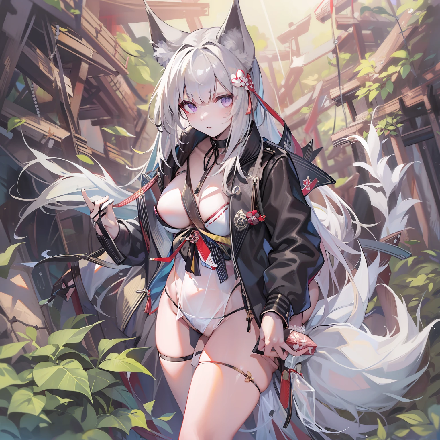 ((Masterpiece)), (Best Quality), Solo, miosha1, hair ornament, ponytail, wolf tail, swimsuit, white shorts, thigh strap, black jacket, leaf print, collar, string bikini, (NSFW:1.2)