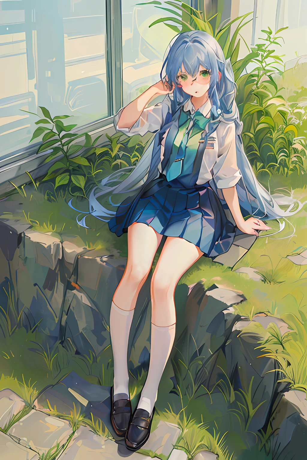 full body, (PadoruMeme 1girl), pony tail, (school uniform), blue dress, animal ears, cat ears, collar, necktie, tie, ((blue and green)), bare shoulders, blush, animal ears fluff