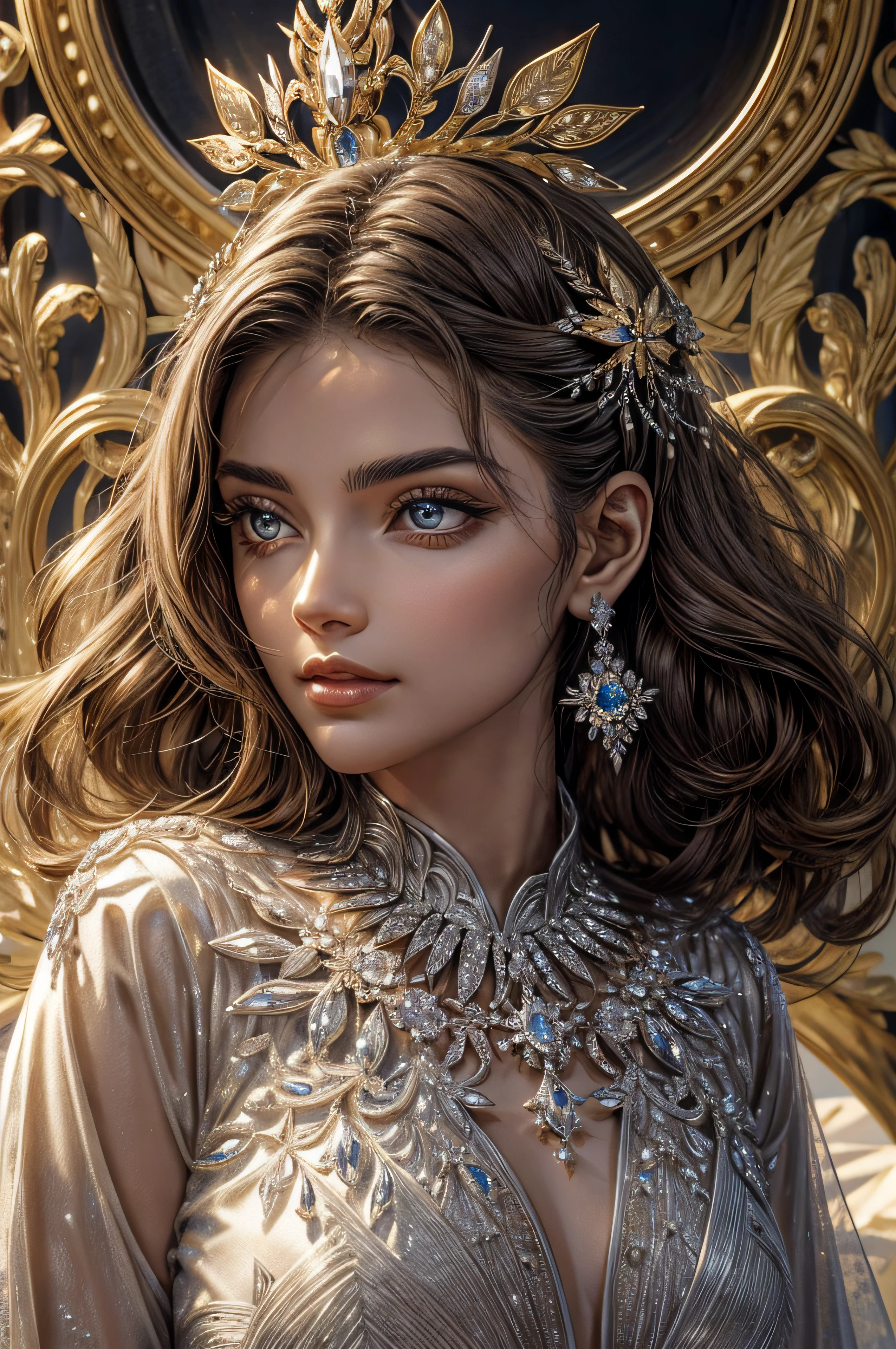 um close up de um anel de ouro com um centro de diamante, majestosa obra-prima, magic ring with a diamond, Centered thin-ring iris, master part, halo de ornamento intrincado, ouro dourado e diamantes, obra-prima detalhes finos, Elden Estilo Anel, deslumbrante, ouro nobre, obra-prima obra de arte, obra-prima', Elden Ring inspirado, cintilante, ornamentado com diamantes brancos