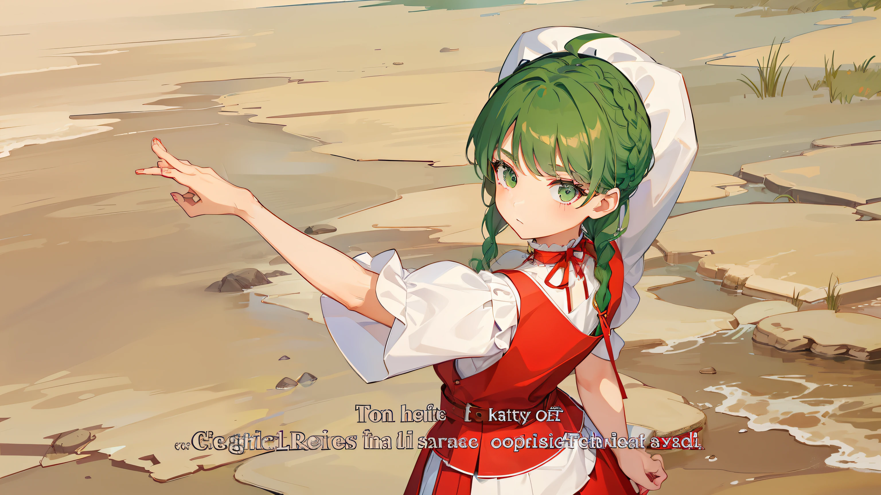 She is a petite young girl with medium length green hair with a braid on the right side. She usually has a whip.Clothes too, She wears a white cut and sew and a red vest, And a red choker around her neck. Her lower body has a denim skirt with a cream-colored apron. Her feet are wearing white ankle socks and brown loafers.