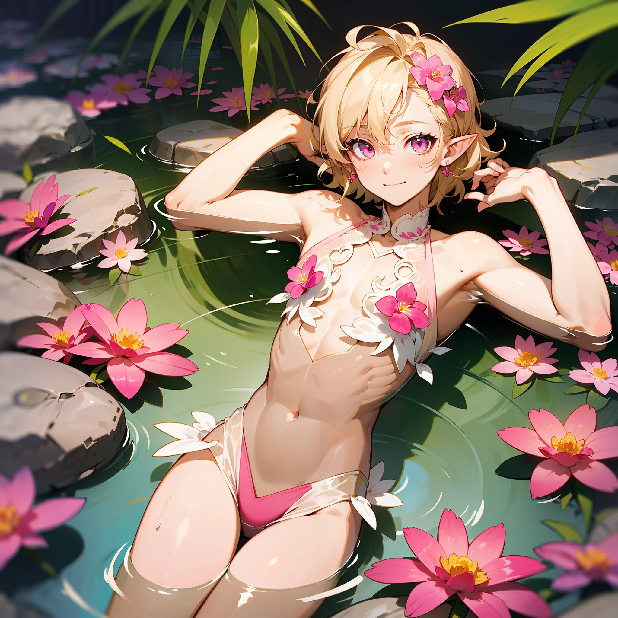 young man, twink, (((male))), (((man))), (((one person))), single, solo, (((very light blonde hair))), (((pink colored eyes))), (medium short hair), (chin-length hair), wavy hair, slim body, ((flat chest)), ((fantasy style)), (((wearing flowers in his hair))), flowercrown, ((pointy ears)), (((light pink colored eyes))), smooth skin, (((taking a bath in a natural pond))), ((bathing)), (((wearing a transparent top))), ((bare shoulders)), (white lace on clothes), (loose top), (low cut top), smiling, rocks in the background, tropical flowers