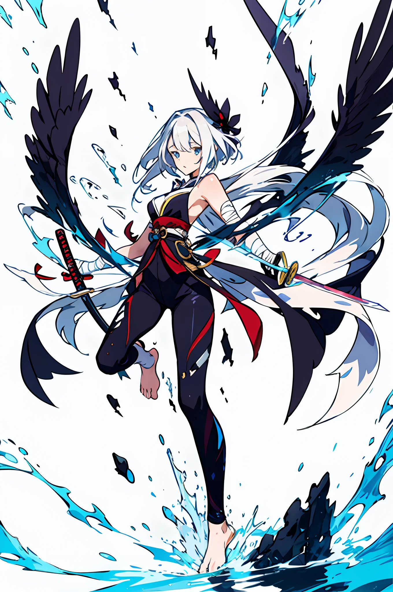 White-headed girl，komono，Blue eyes，The barefoot，White straight hair，Bandages，Dignified and elegant，Anime face，Splash blade，katana swords，Surrounded by wind，Leggings，Water streak background，Bow pulling pose，Blue gemstone bow，Black pants，Large round cap，Raven style