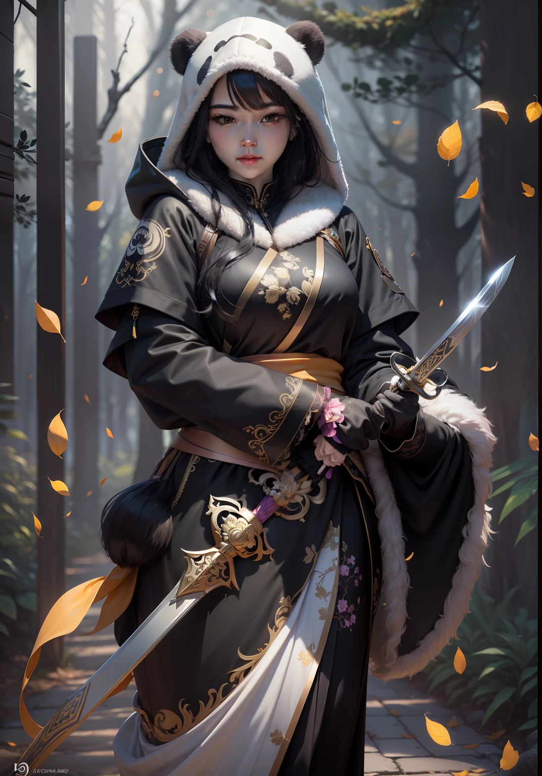beautiful woman facing the camera black hair asian eyes, wearing a black and white panda hood holding a gleaming sword silver and gold Masterpiece, an abondance of pink rose embroidery sown into her clothes, best quality, high quality, highly detailed CG unity 8k wallpaper beautiful landscape oil painting, award winning photography, bokeh, depth of field, HDR, bloom, chromatic aberration, photorealism, highly detailed, trending on artstation, on CGsociety Trending, intricate, high detail, dramatic, midjourney art and masterpiece, best quality, high quality, extremely detailed CG unity 8k wallpaper lush summer landscape with rolling green hills stretching towards the horizon, dotted with pink, yellow wildflowers, and purples, volumetric lighting and masterpiece, best quality, high quality, extremely detailed CG unity 8k wallpapers serene autumn landscape surrounded by trees in shades of golden yellow, fiery red and burnt orange. The crisp air is laced with the sweet aroma of fallen leaves and wood smoke. a cute panda bear in the background
Negative Prompts --auto