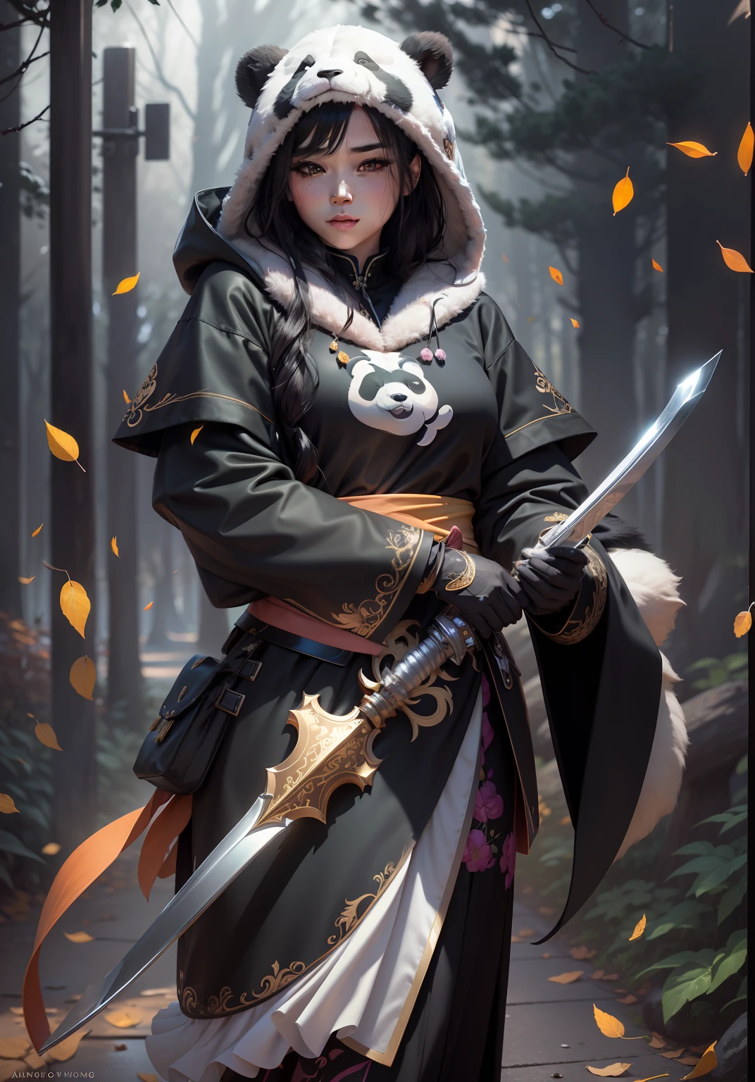 beautiful woman facing the camera black hair asian eyes, wearing a black and white panda hood holding a gleaming sword silver and gold Masterpiece, an abondance of pink rose embroidery sown into her clothes, best quality, high quality, highly detailed CG unity 8k wallpaper beautiful landscape oil painting, award winning photography, bokeh, depth of field, HDR, bloom, chromatic aberration, photorealism, highly detailed, trending on artstation, on CGsociety Trending, intricate, high detail, dramatic, midjourney art and masterpiece, best quality, high quality, extremely detailed CG unity 8k wallpaper lush summer landscape with rolling green hills stretching towards the horizon, dotted with pink, yellow wildflowers, and purples, volumetric lighting and masterpiece, best quality, high quality, extremely detailed CG unity 8k wallpapers serene autumn landscape surrounded by trees in shades of golden yellow, fiery red and burnt orange. The crisp air is laced with the sweet aroma of fallen leaves and wood smoke. a cute panda bear in the background 
Negative Prompts --auto