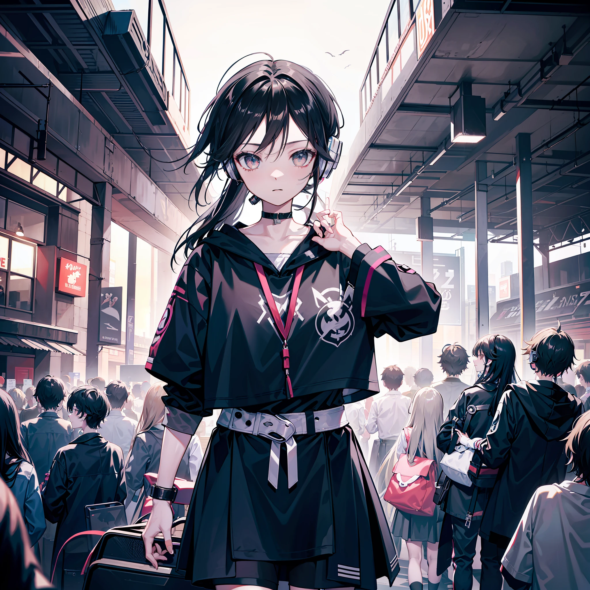 Black semi-long hair girl retrograde wearing headphones retrograde in the crowd are backs,Black hair, semi long hair, Teenage girl with headphones,Bust photo,Positive face。orthofacial,face expressionless,feeling of solitude,Two-dimensional style, Person Half Body,orthofacial,Characters take up one-third of the frame,The back of the crowd is the background,Back crowd