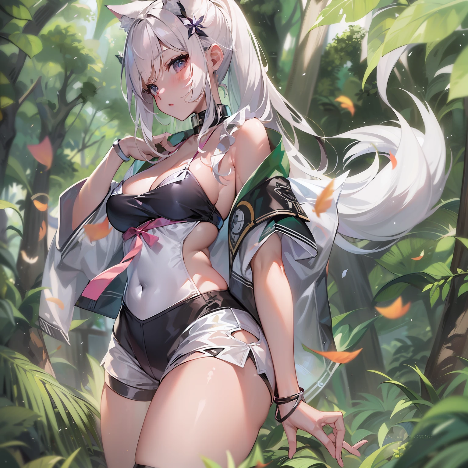 ((Masterpiece)), (Best Quality), Solo, miosha1, hair ornament, ponytail, wolf tail, swimsuit, white shorts, thigh strap, black jacket, leaf print, collar, string bikini, (NSFW:1.2)