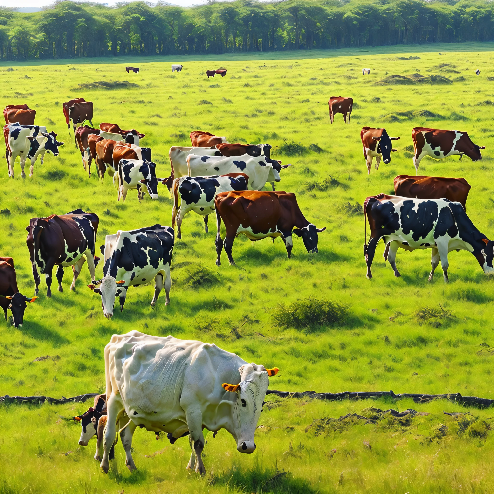 Sunny prairie。A herd of cows grazes leisurely。Nature is so beautiful。