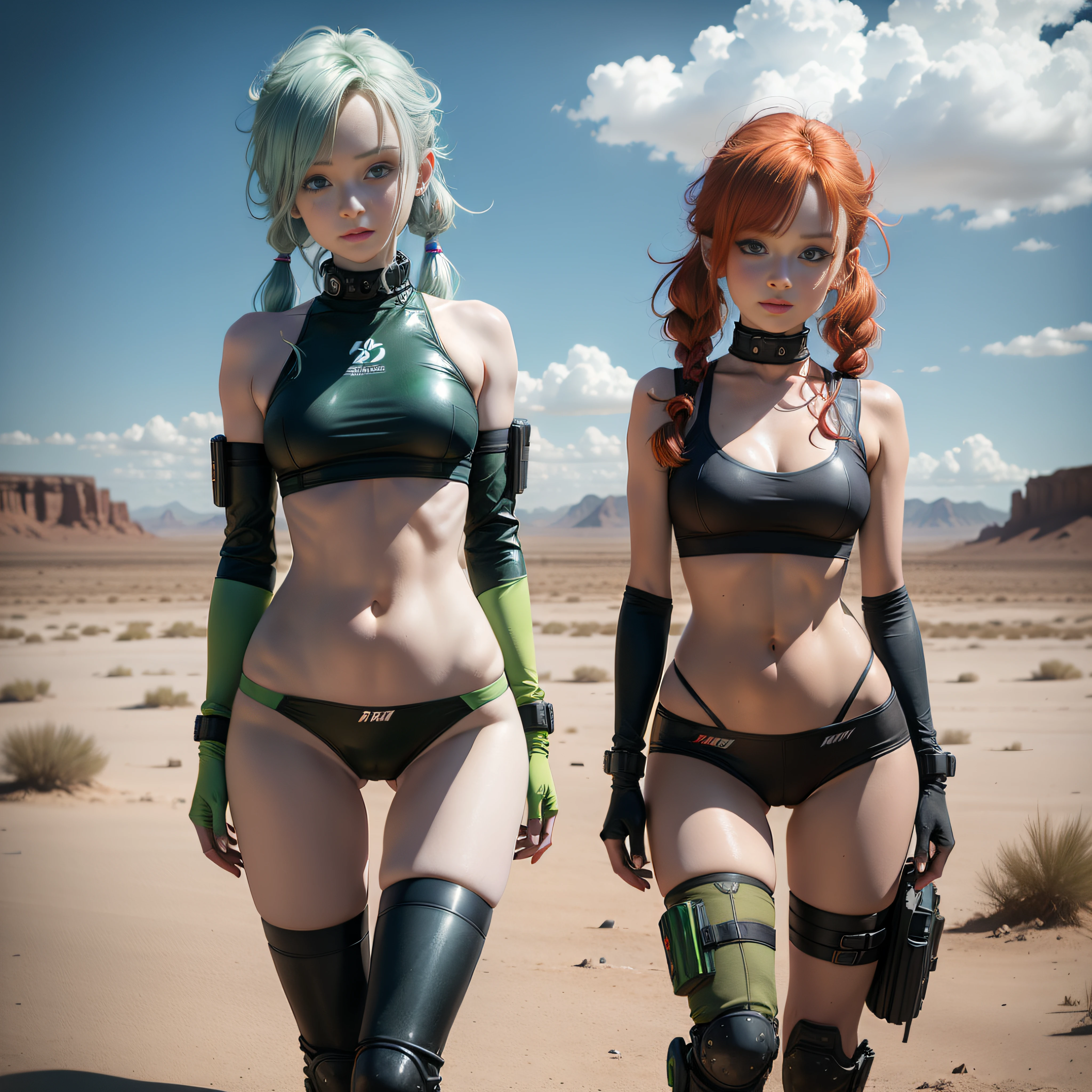 cute redhead woman in twin tails, multiple rainbow colored hair, sky-blue eyes, happy, Ukrainian, petite, pale skin, wearing a green metallic color bikini, but black pantyhose on her legs only, post apocalyptic background, bleak barren desert, photo realistic woman, only one woman.