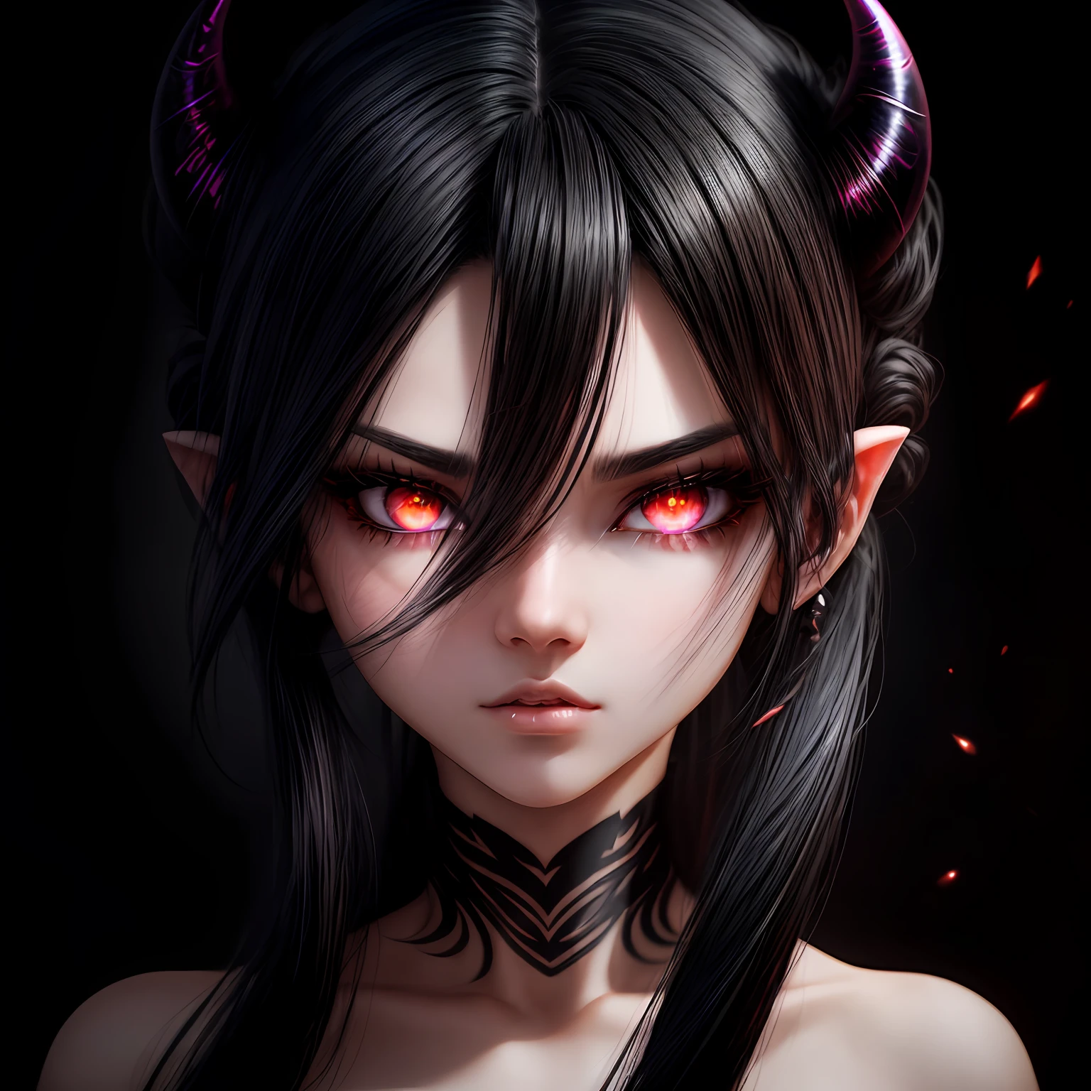 black hair, hair bobbles, longeyelashes, ear blush, asymmetrical hair, messy hair, demon horns, empty eyes, constricted pupils, crazy, skin fang, evil, open mouth, Surrealism, drop shadow, anaglyph, stereogram, tachi-e, pov, atmospheric perspective, chiaroscuro, move chart, f/4.0, 35mm, wide shot, 8k, super detail, ccurate, best quality, UHD, masterpiece, ccurate, textured skin, super detail, high details, high quality, award winning, best quality, highres --auto