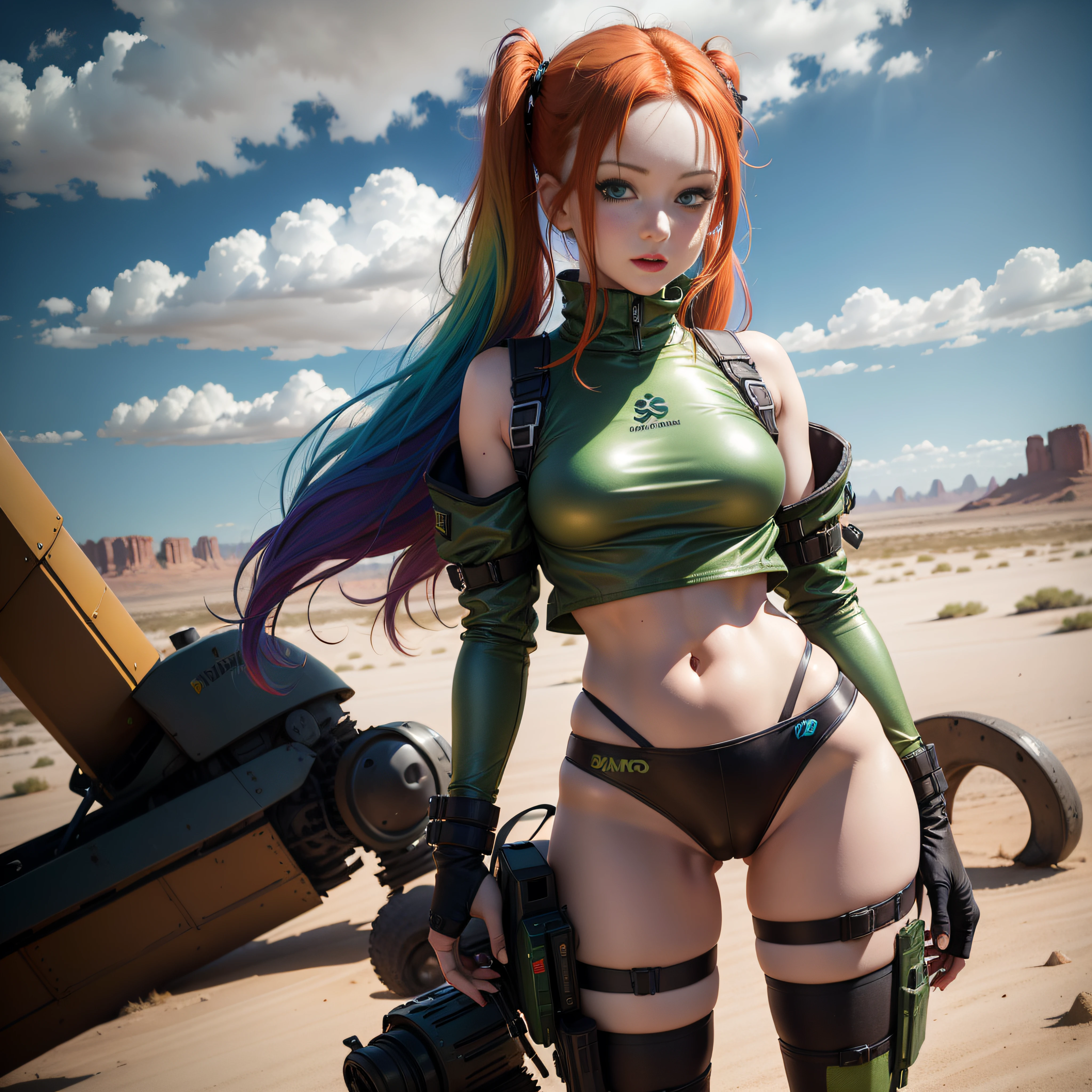 cute redhead woman in twin tails, multiple rainbow colored hair, sky-blue eyes, happy, Ukrainian, petite, pale skin, wearing a green metallic color bikini, but black pantyhose on her legs only, post apocalyptic background, bleak barren desert, photo realistic woman, only one woman.