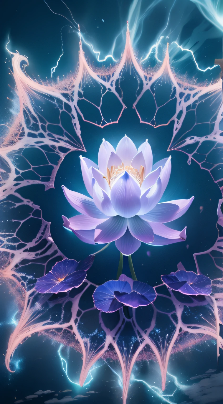 The Great Lotus in the Light of Tyndall {blue white colors}Fire,Lightning arc,Light effects,CG,Blizzard style art trends,Diffuse luminous fog Noctilucent particles,Bright volumetric light - AR 9:16 --s 750 --v 5.2