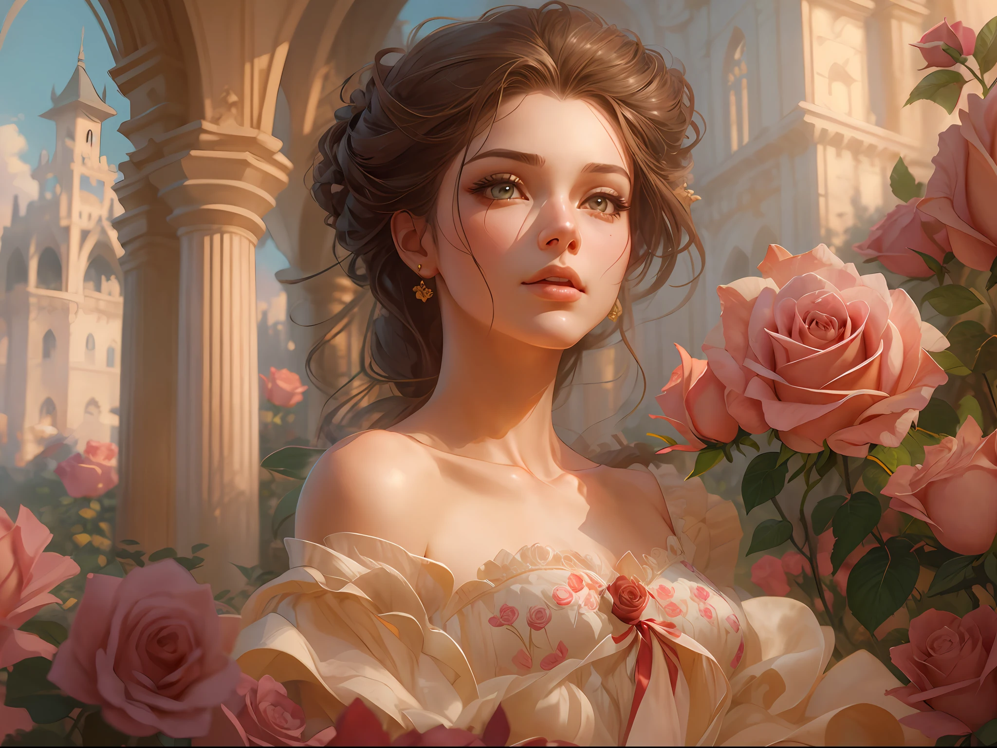 Tale as old as time. | This artwork is in the style of realistic fantasy set in the castle's rose garden. Generate a kind courtesan dressed in the billowing folds of a stunning yellow French silk ballgown. The gown features ruffles, sashes, and bows, and its bodice is delicately but intricately hand-embroidered. The woman's sweet, compassionate face is highly detailed, with realistic features, puffy lips, and a big mouth. Her stunning eyes are beautifully detailed, featuring realistic shading and multiple colors. She is touching a timeless rose just as beautiful today as it was the day it first bloomed thousands of years in the past. The eternal rose is a deep shade of red with shimmering pink overtones and undertones. The eternal rose is covered in an elegant clear glass lid. Ensure that the woman's face, hair, and eyes are perfect. realism, high fantasy, whimsical fantasy, storybook fantasy, fairytale fantasy, fantasy details, enchanting, bewitching, 8k, hires, cgi, digital painting, unity, unreal engine, (((masterpiece))), intricate, elegant, highly detailed, majestic, digital photography, art by artgerm and ruan jia and greg rutkowski, (masterpiece, finely detailed beautiful eyes: 1.2), hdr, realistic skin texture, (((1woman))), (((solo)))