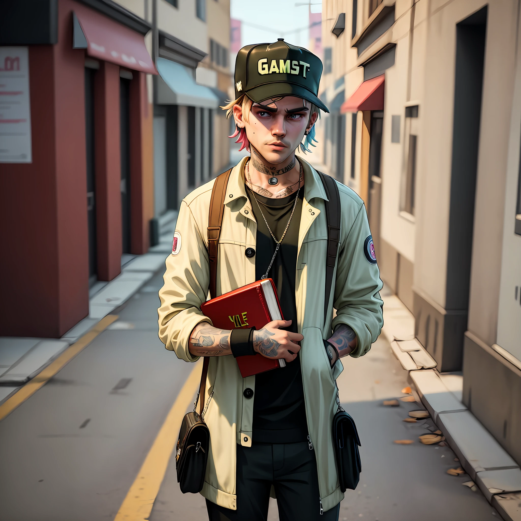 ((GTA v)) Lil peep's style looking into the camera ((holding a Bible)), ((Roupas grifes)), estilo de rua, Carregando grito, ((GTA V completo)), ((cinemactic)), solo, obra prima