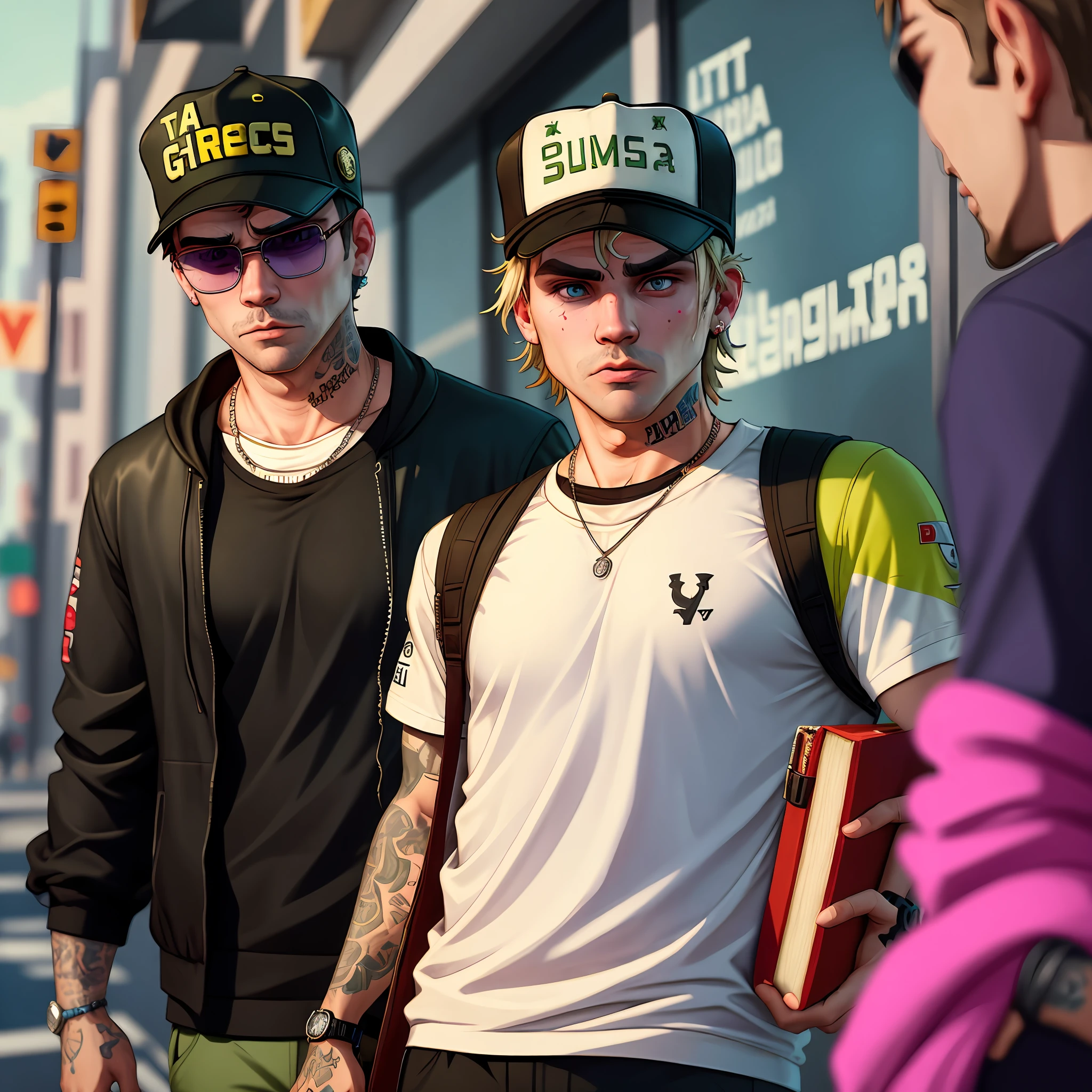 ((GTA v)) Lil peep's style looking into the camera ((holding a Bible)), ((Roupas grifes)), estilo de rua, Carregando grito, ((GTA V completo)), ((cinemactic)), solo, obra prima