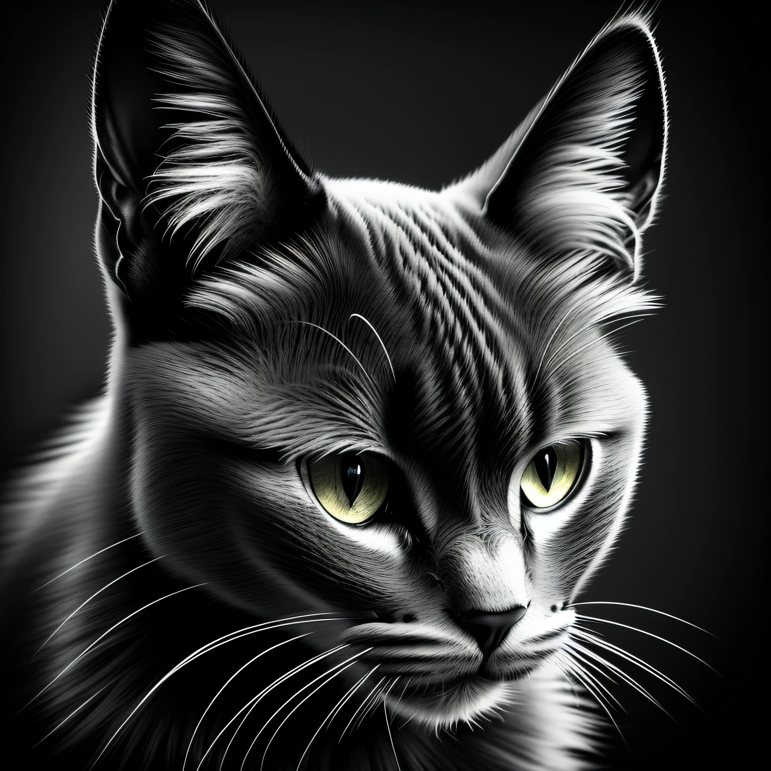 Photorealistic grayscale pencil sketch of a black cat, crisp sharp focus, ultra realistic, intricate detail, rich textures, dramatic lighting, dark fantasy, eerie, unsettling, fairytale, storybook, dreamcore, surreal, absurd --auto