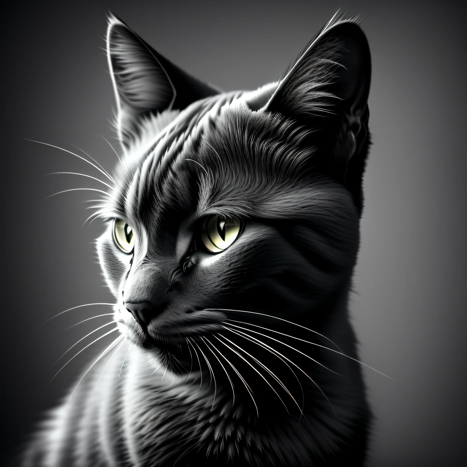 Photorealistic grayscale pencil sketch of a black cat, crisp sharp focus, ultra realistic, intricate detail, rich textures, dramatic lighting, dark fantasy, eerie, unsettling, fairytale, storybook, dreamcore, surreal, absurd --auto