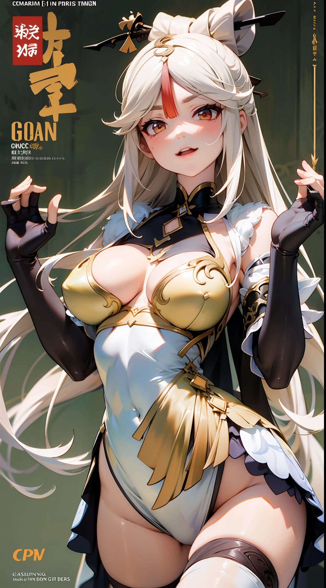Ningguang's influence on Genshin,Pure white premium comic background,Expose abs,Slim figure,huge tit,Clothes open,The upper body is short sleeves,White dress at the bottom,Mesh garment,Cocked buttocks,Fleshy thighs,Below the waist are mesh stockings,Masterpiece,Comic cover style,Comic title,hyper-detailed face,Deep rendering