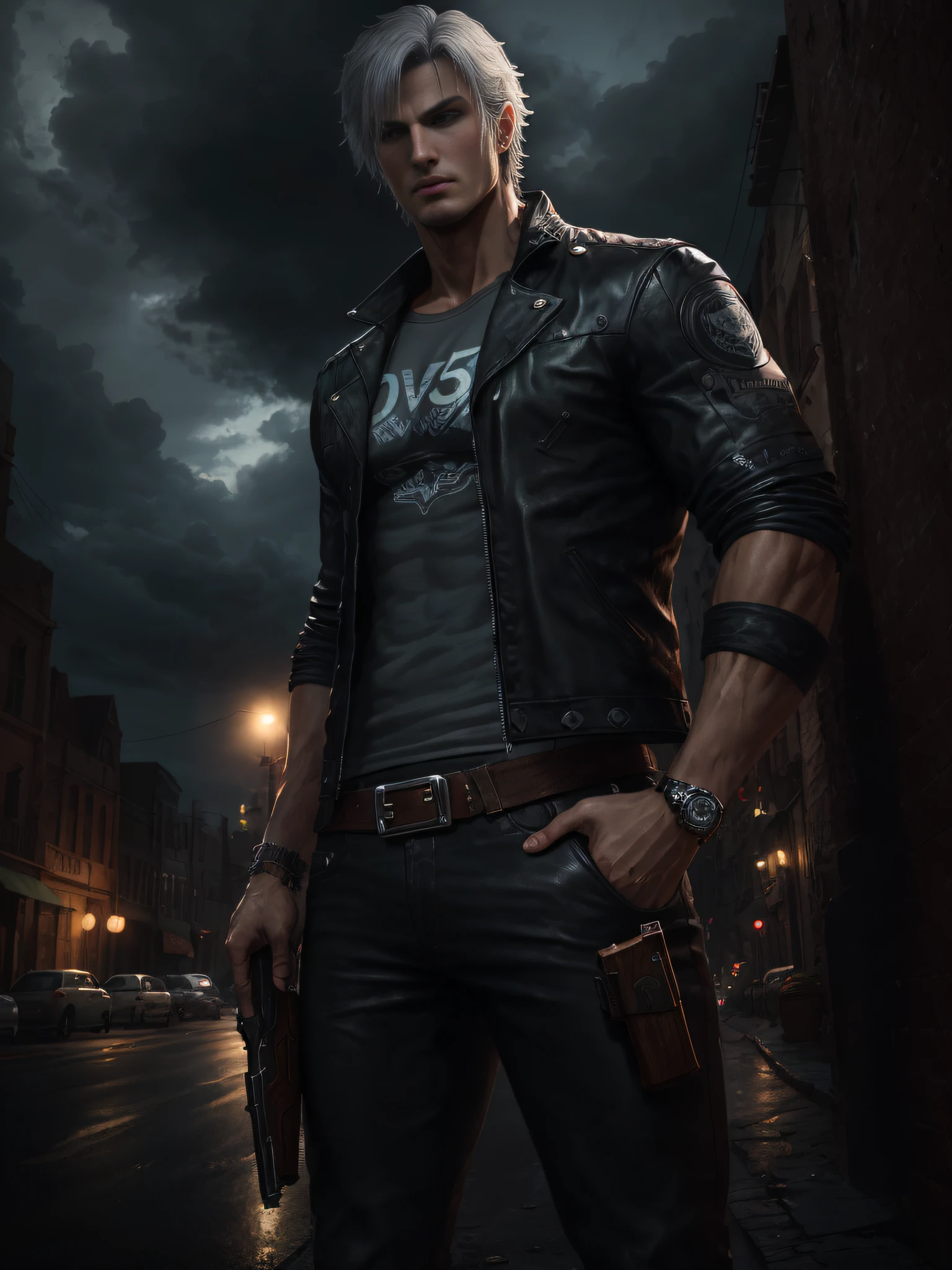 (hyper-detailed face)++, ((Absurd)), (Masterpiece 1.5), (amazingly detailed), 1 man, mature man, Dante from Devil May Cry 5, face of Adam Cowie, solo, white skin, muscular, muscular man, slim, tall, hunk, broad shoulder, clean-shaven, gray hair, curtain hairstyle, cold long-sleeved red leather jacket, black color T-shirt underneath, black pants, holding a pistol in his right hand, looking forward, high resolution: 1.2, best quality, full-length photo, cloudy sky and old beau background city co, night, low camera angle, volumetric lighting, depth of field, shadow