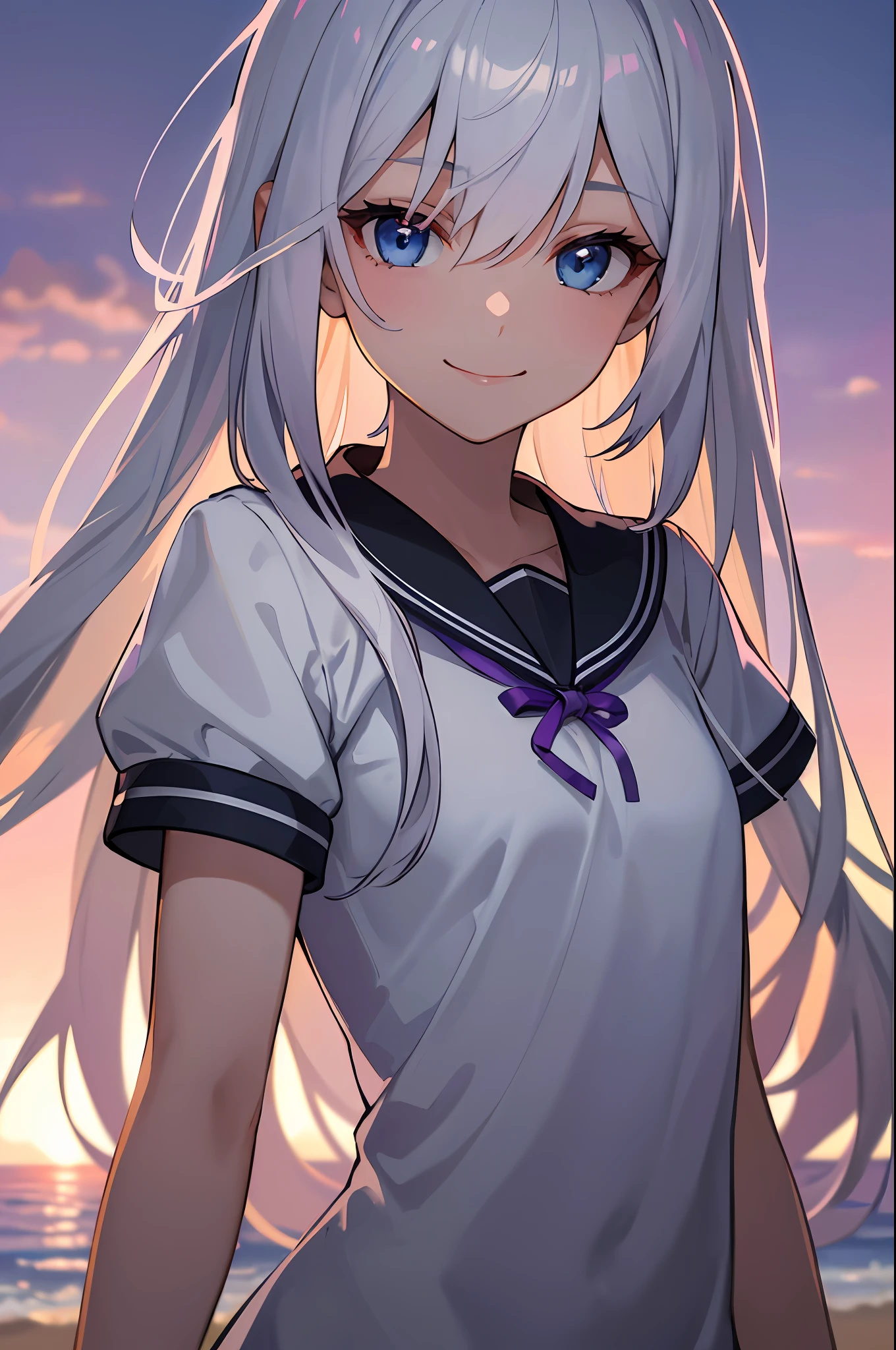 (Masterpiece, Best quality, A high resolution:1.4), 1girll, ((Unity 8k wallpaper, illustration, , beautiful and delicate detailed girl)), Small breasts, , Smile,Girl, Long hair, White hair, Blue eyes,Close-up,against backlight at dusk,, strong rimlight, intense shading, beautiful purple sunset at beach,Black serafuku,straight on